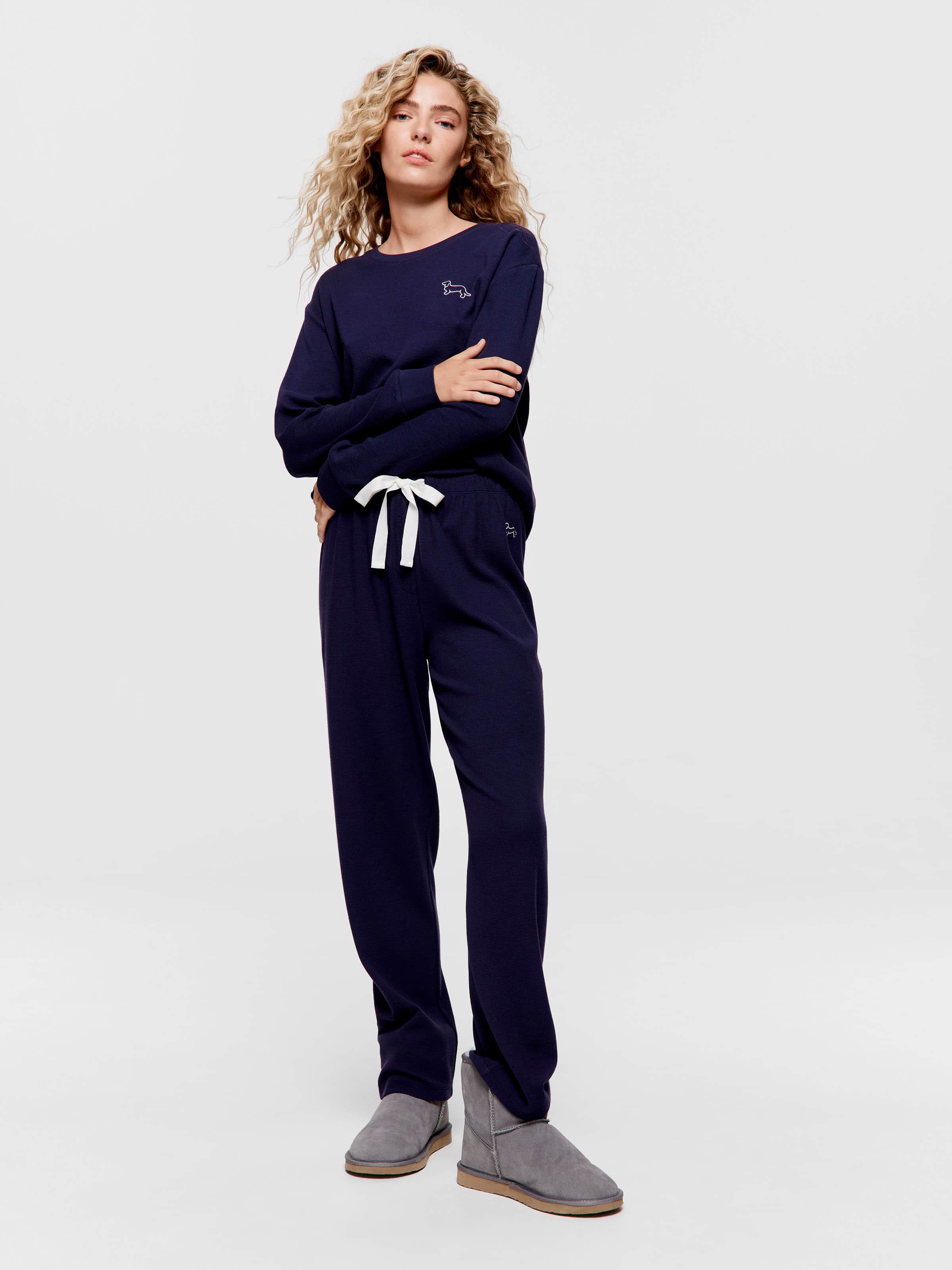 Navy Waffle Straight Leg Pj Pant