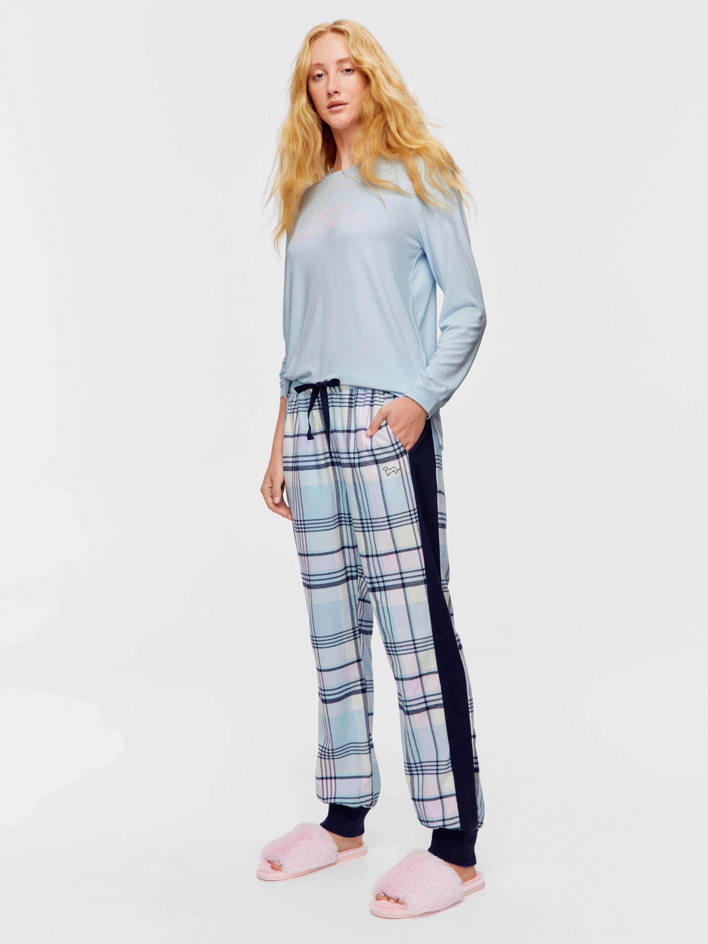 Navy Check Flannelette Cuffed Pj Pant