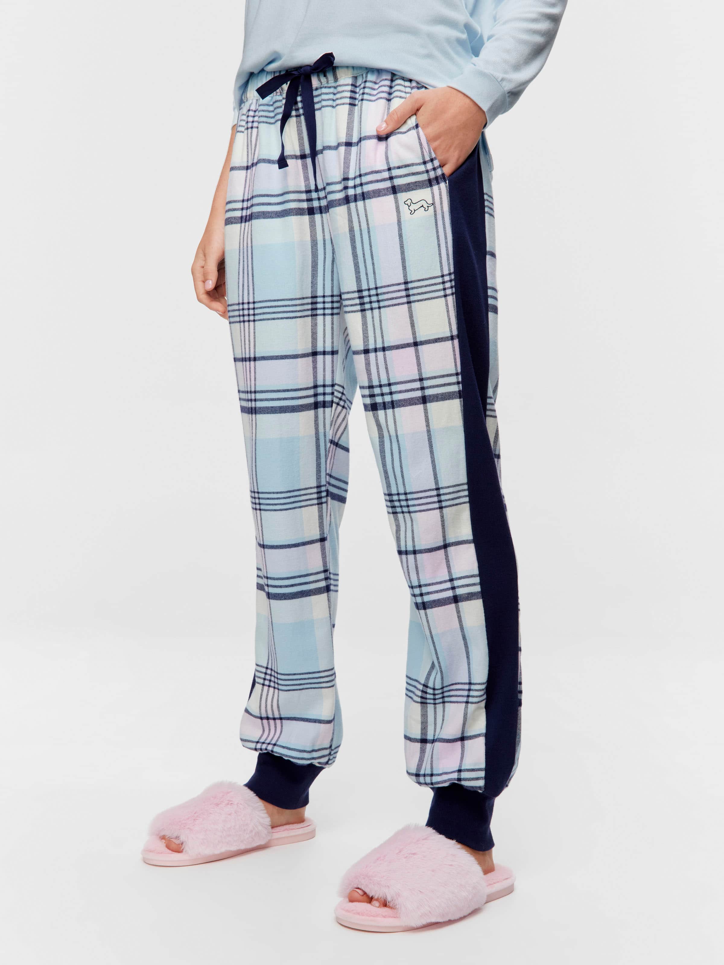 Navy Check Flannelette Cuffed Pj Pant