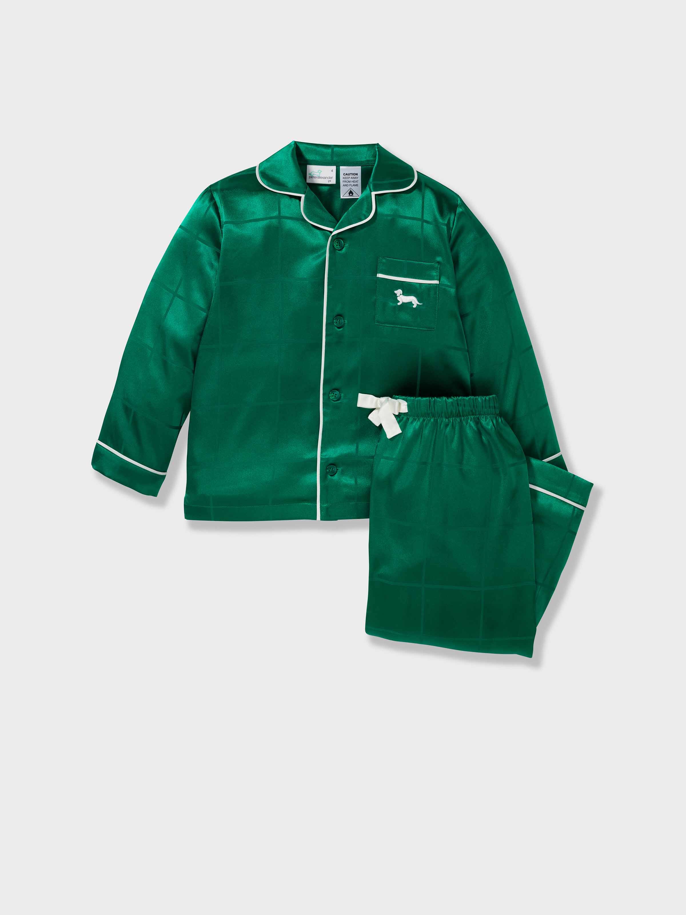 Jnr Kids Green Check Satin Classic Long Pj Set