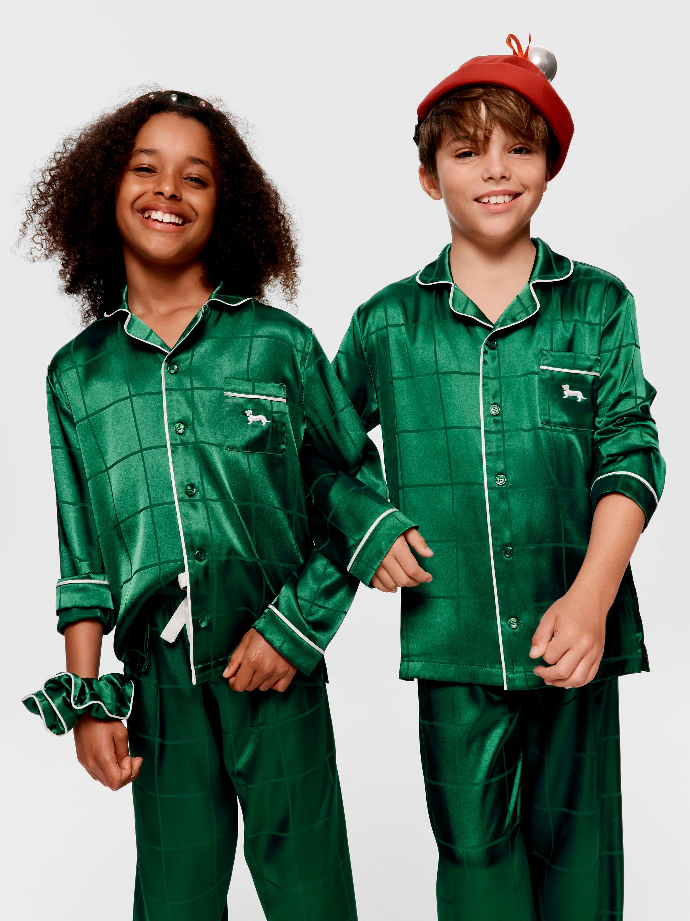 Kids Green Check Satin Classic Long Pj Set
