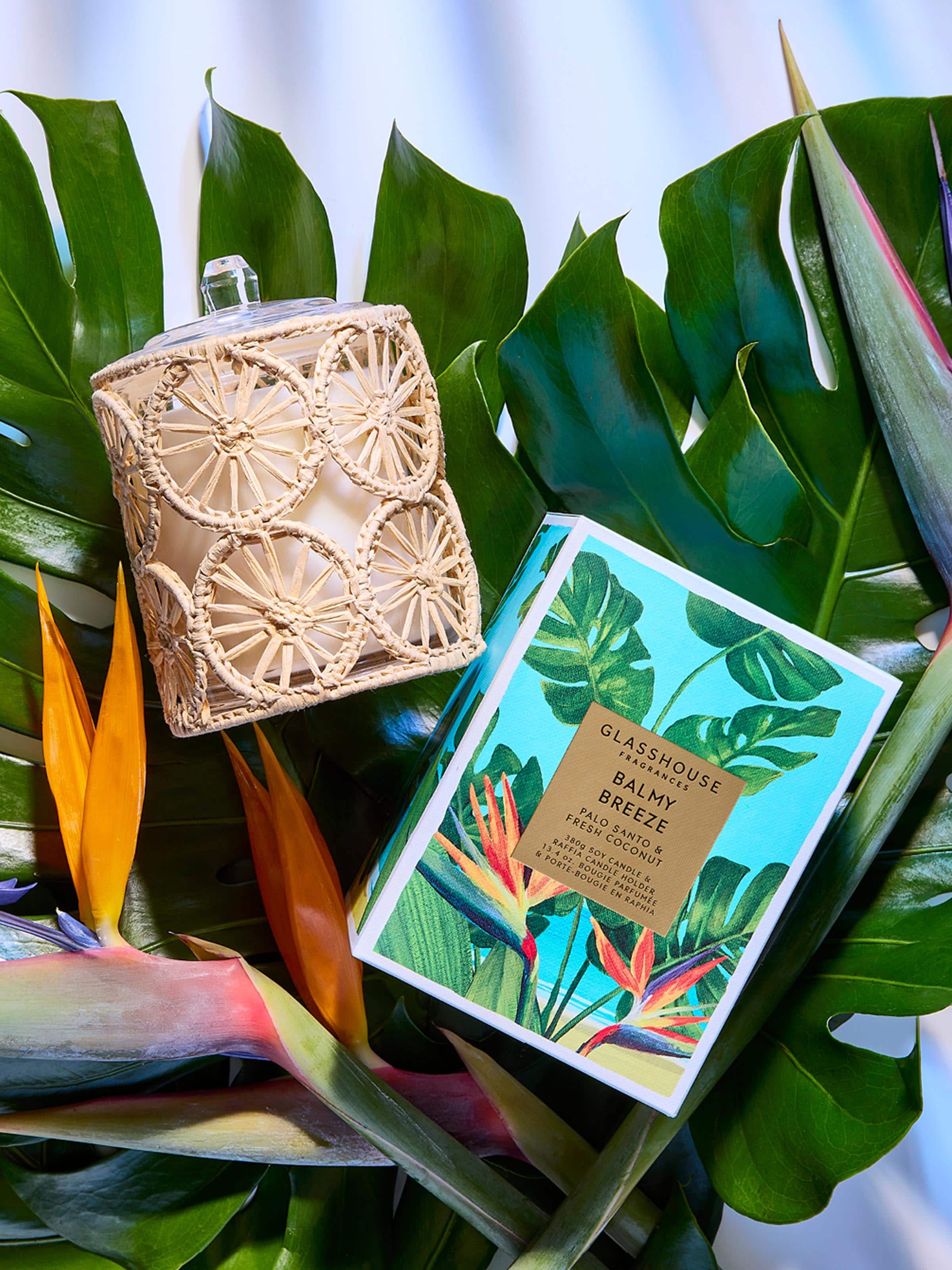 Glasshouse Fragrances Limited Edition Balmy Breeze 380G Candle & Raffia Candle Holder
