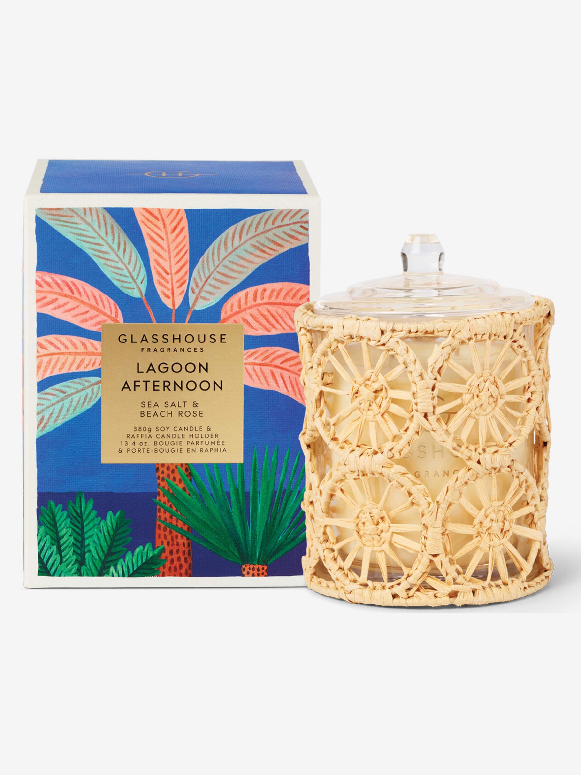 Glasshouse Fragrances Limited Edition Lagoon Afternoon 380G Candle & Raffia Candle Holder