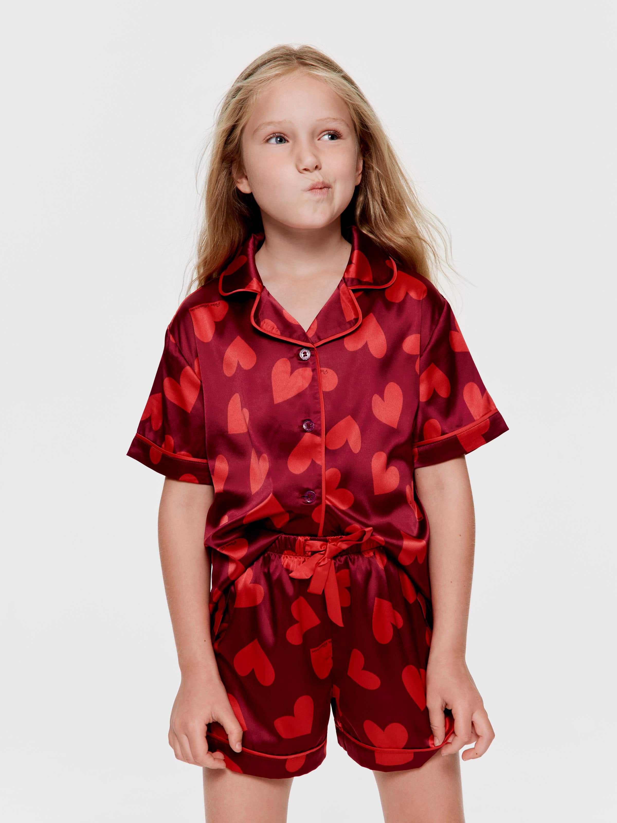 Girls Satin Heart Classic Shortie Pj Set