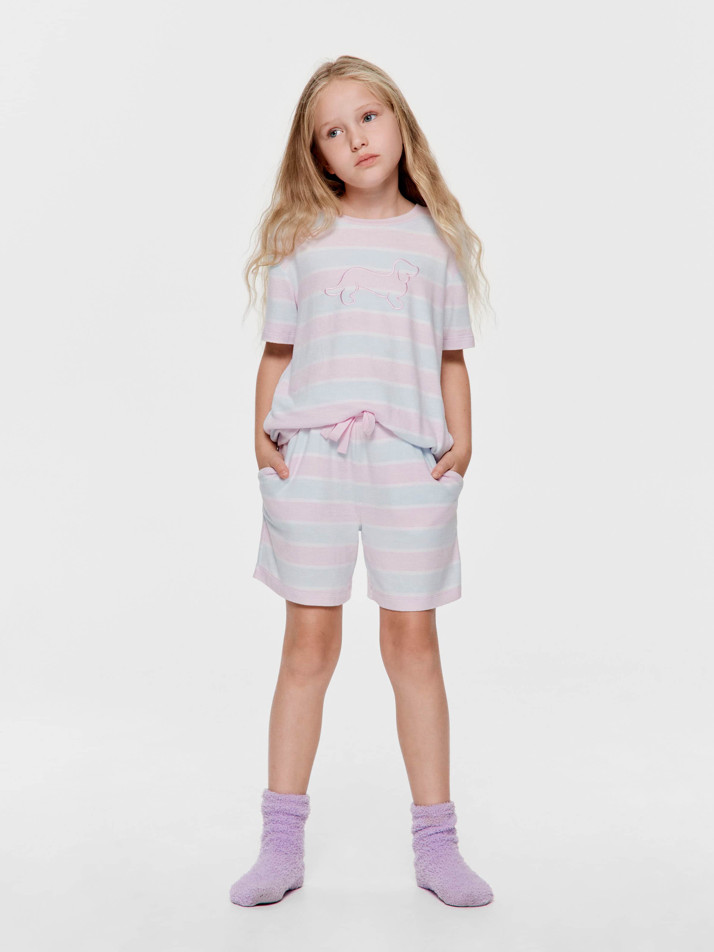 Girls Pastel Stripes Short Fuzzy Pj Set