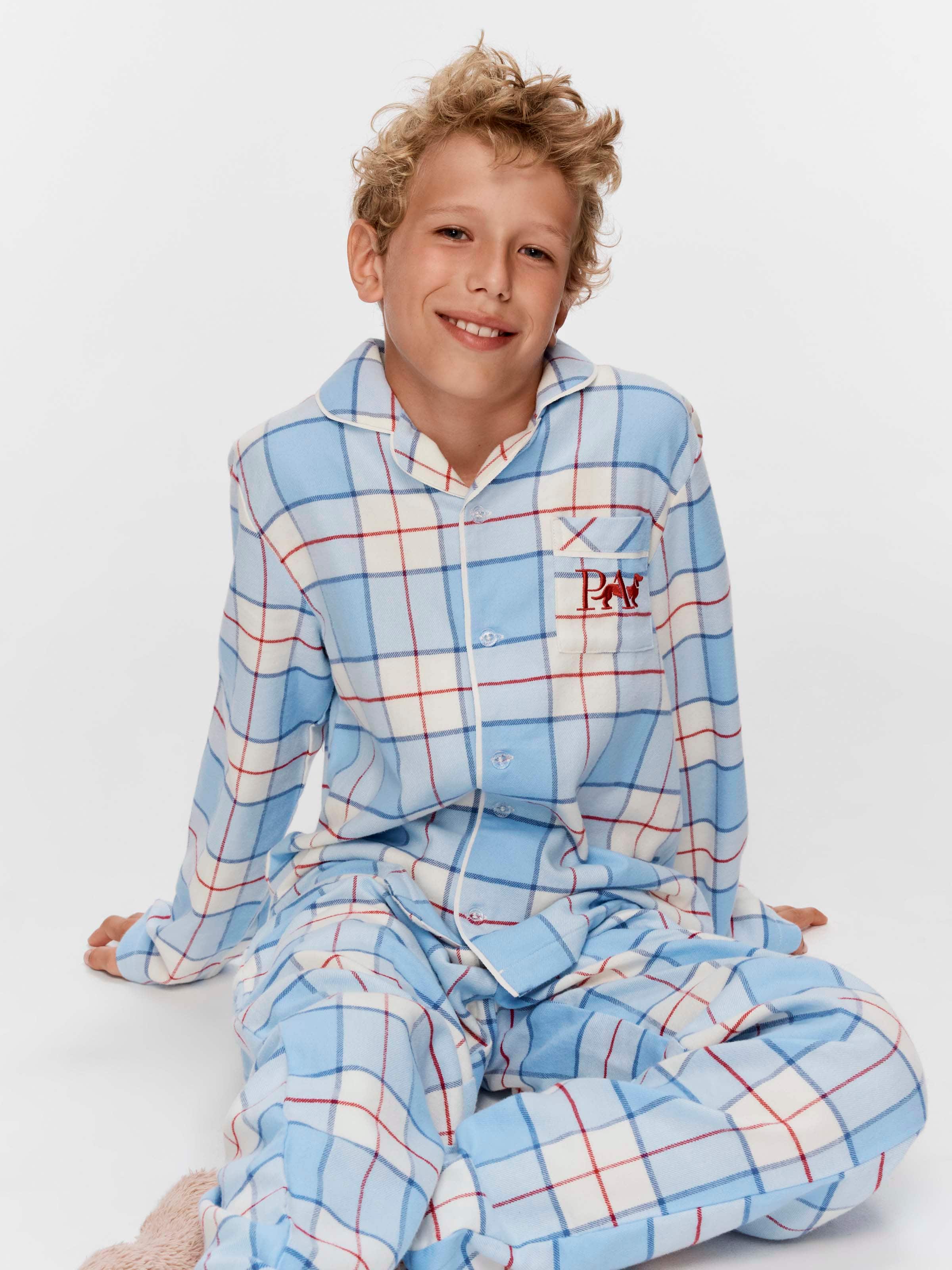 Kids Blue Check 100% Cotton Long Classic Pj Set