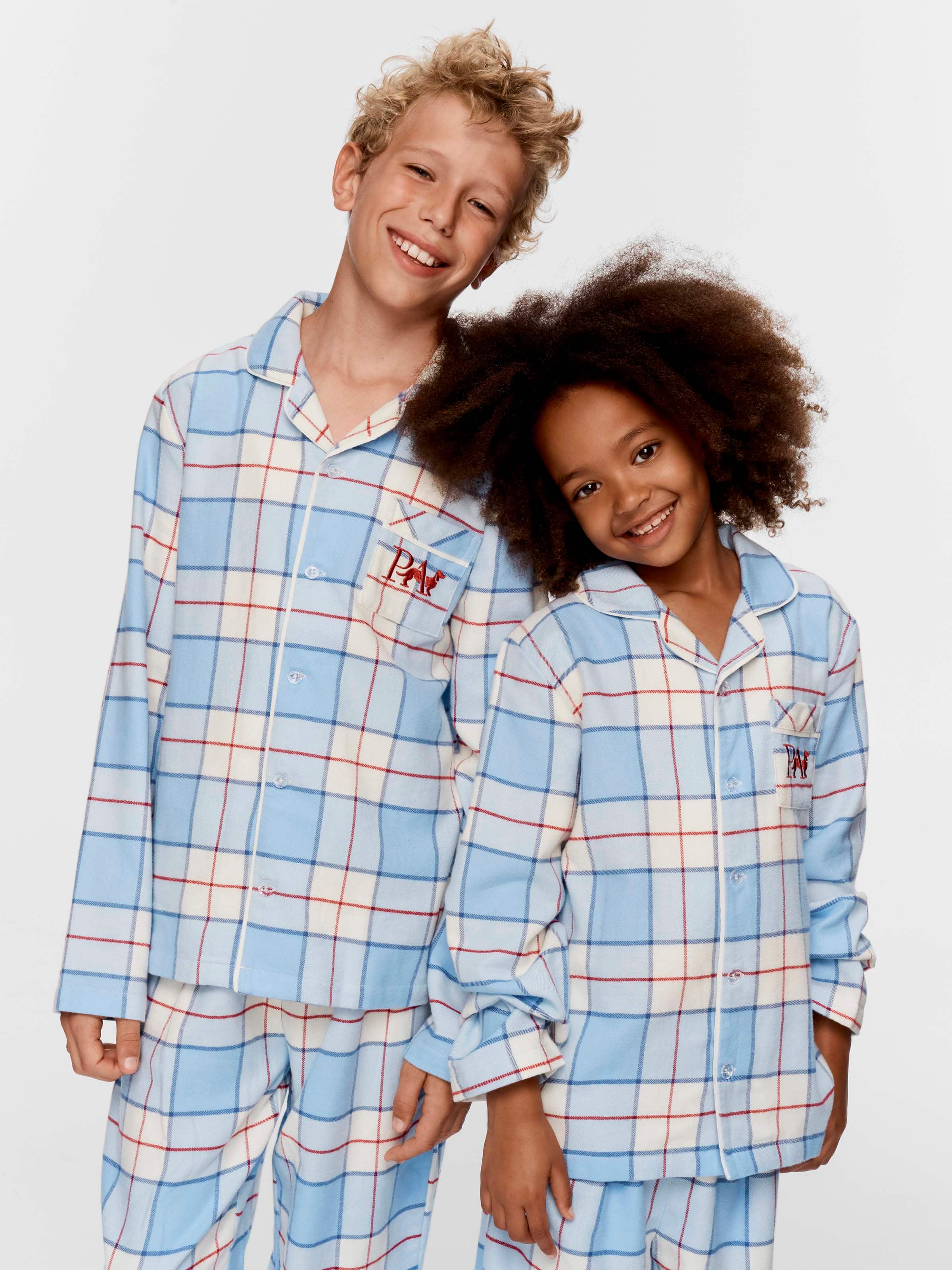 Kids Blue Check 100% Cotton Long Classic Pj Set