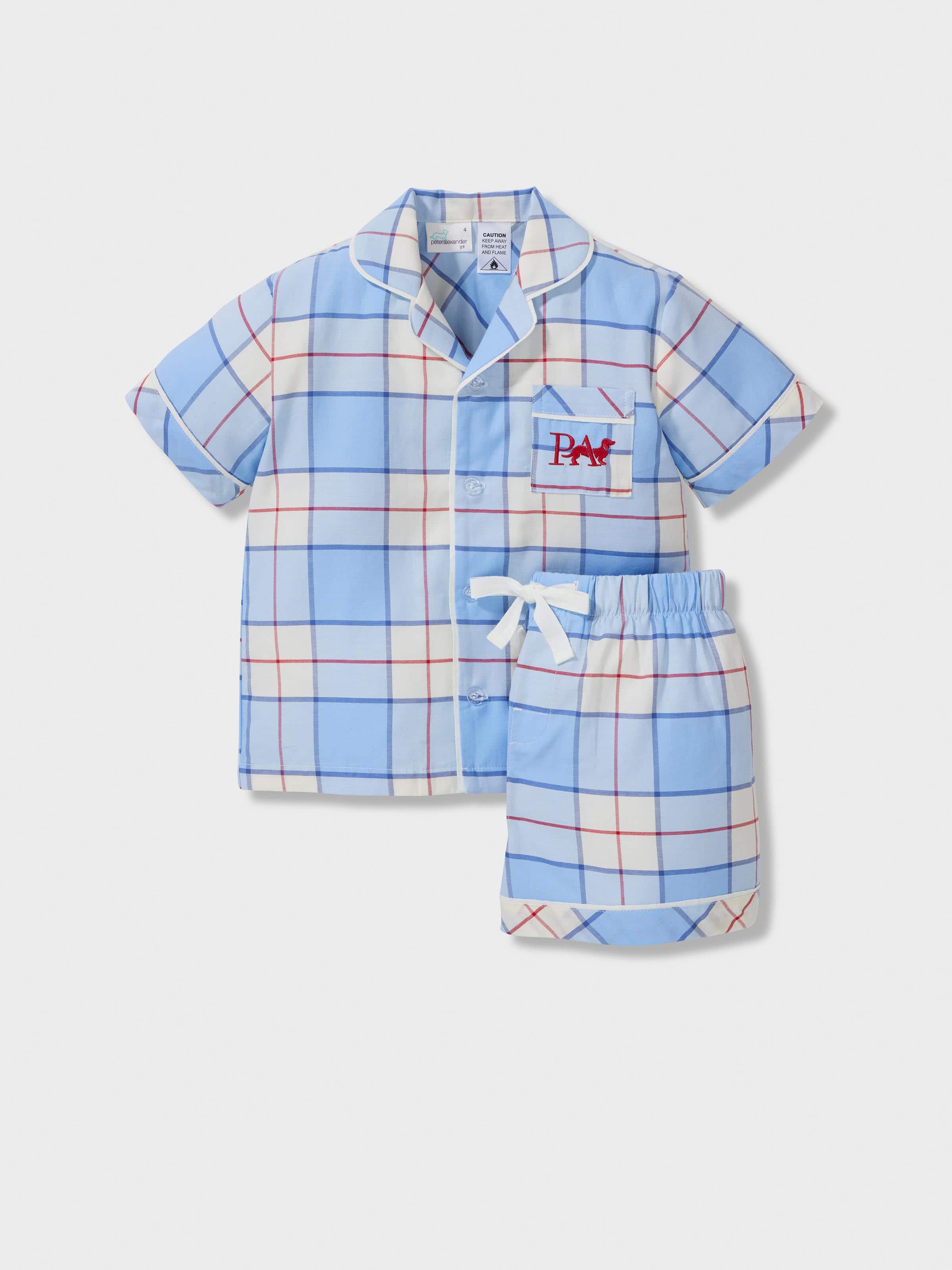 Jnr Kids Blue Check 100% Cotton Short Classic Pj Set