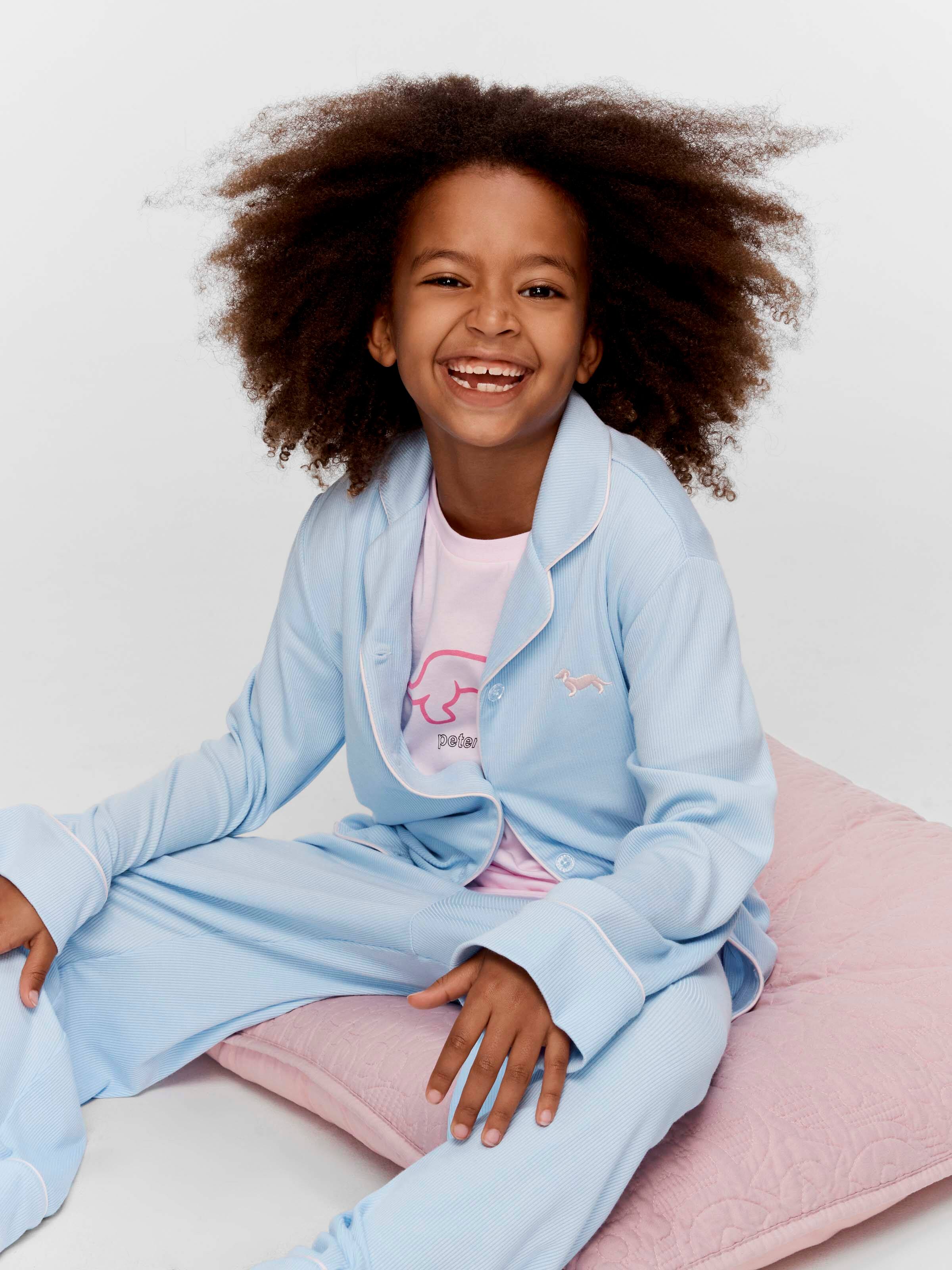 Girls Blue Rib Long Classic Pj Set