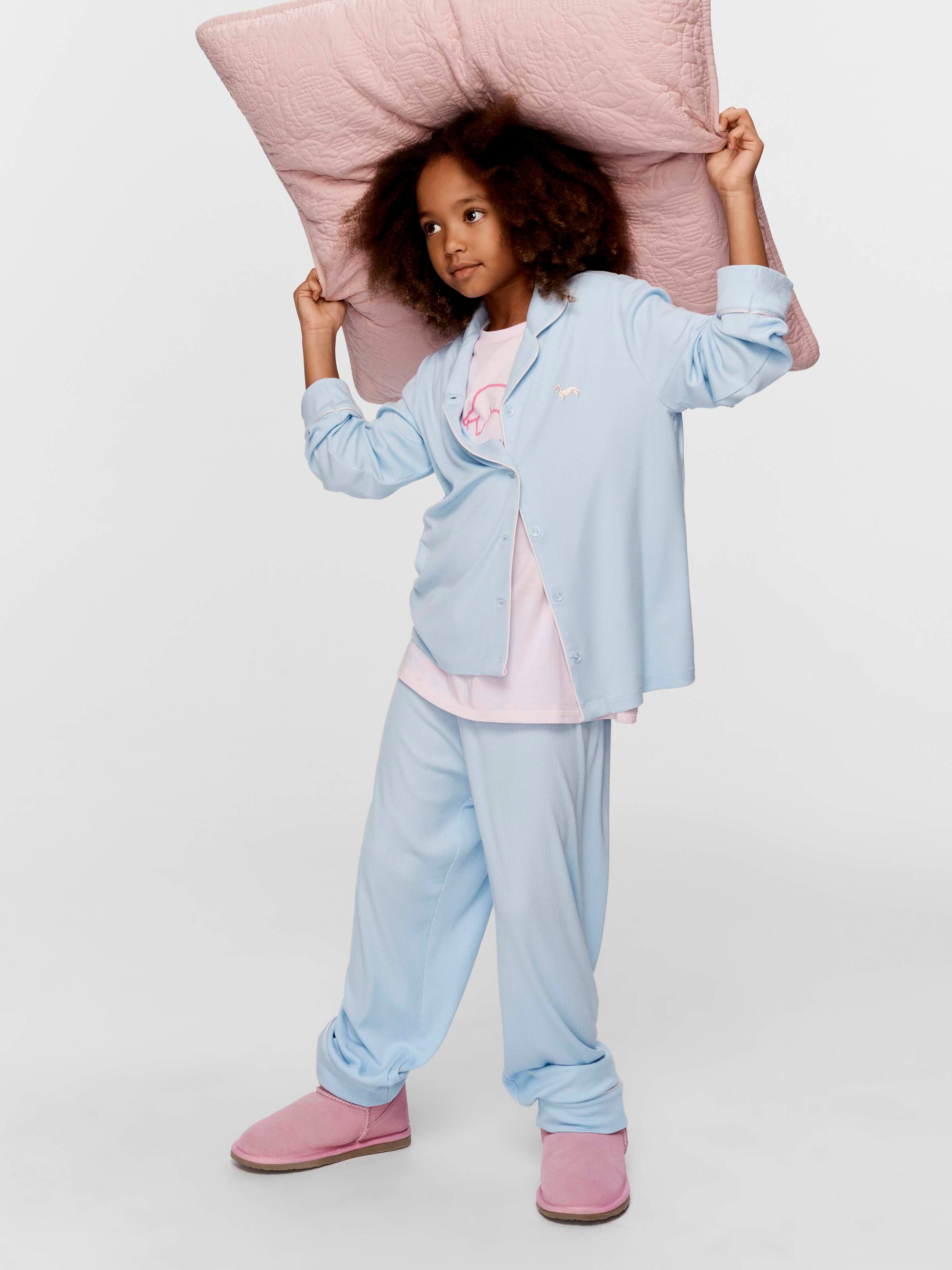Girls Blue Rib Long Classic Pj Set