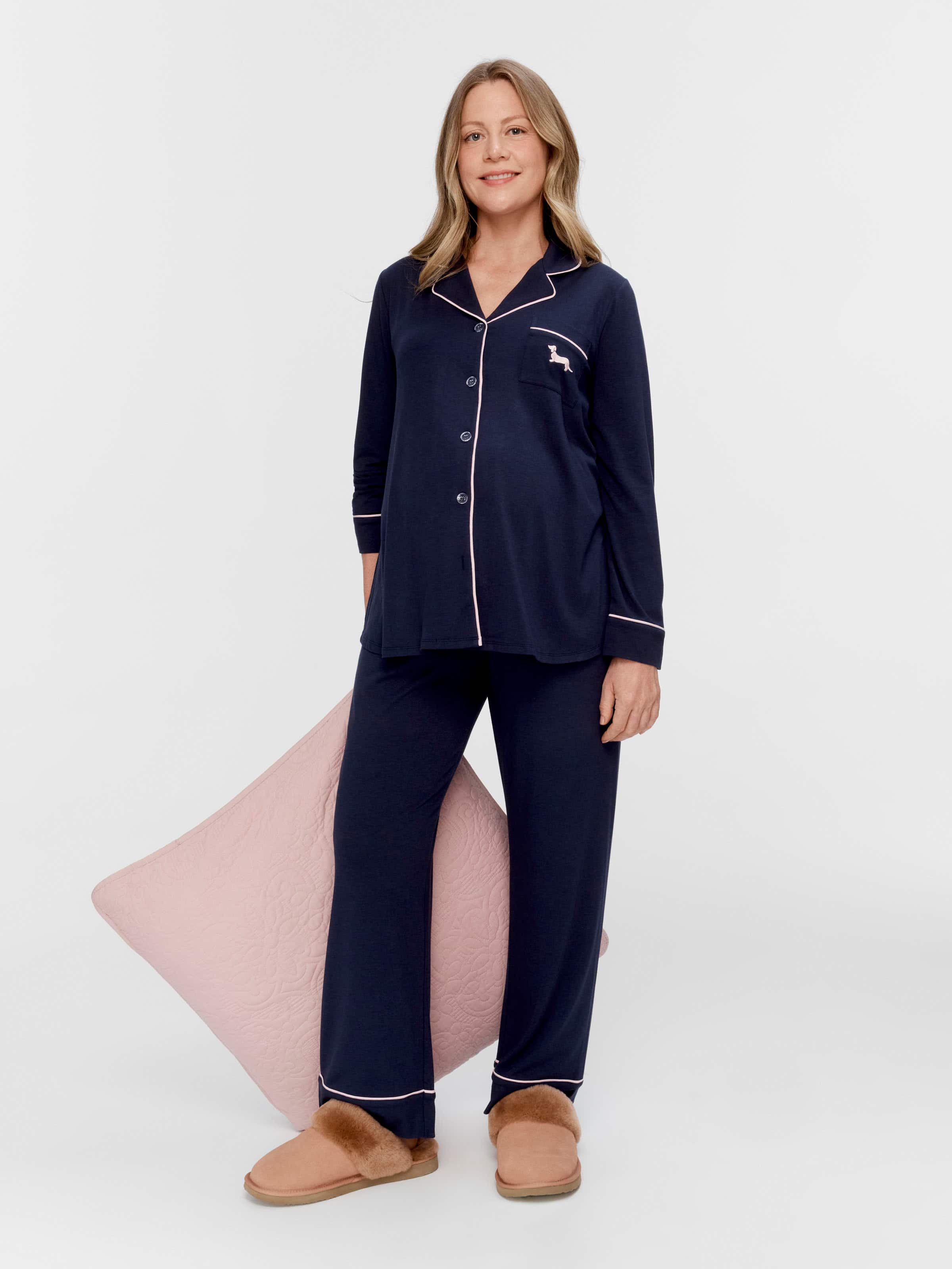 Maternity Navy Bamboo Jersey Long Pj Set