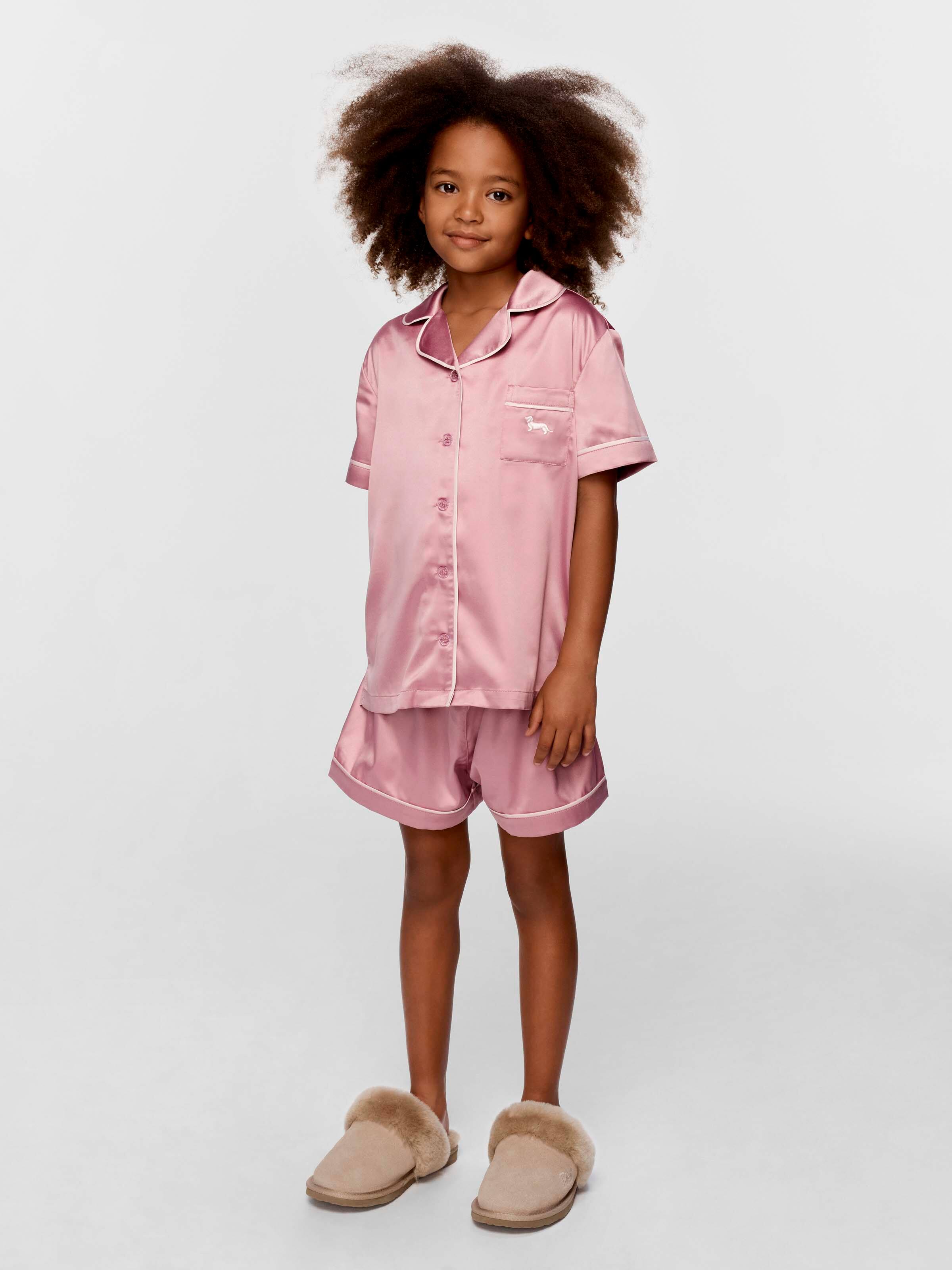 Girls Powder Pink Satin Shortie Set