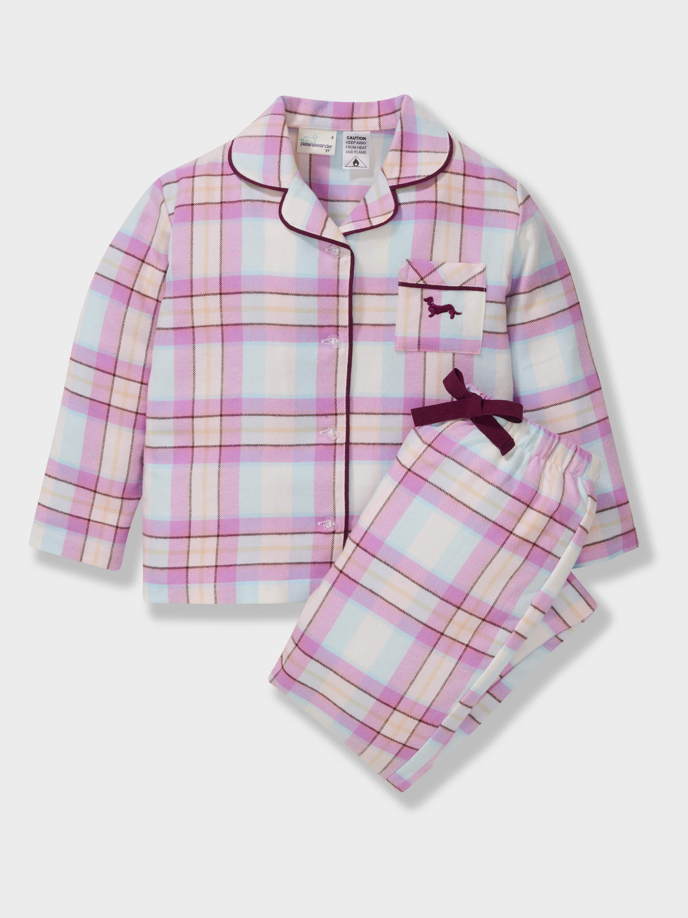 Girls Pink Check 100% Cotton Long Classic Pj Set