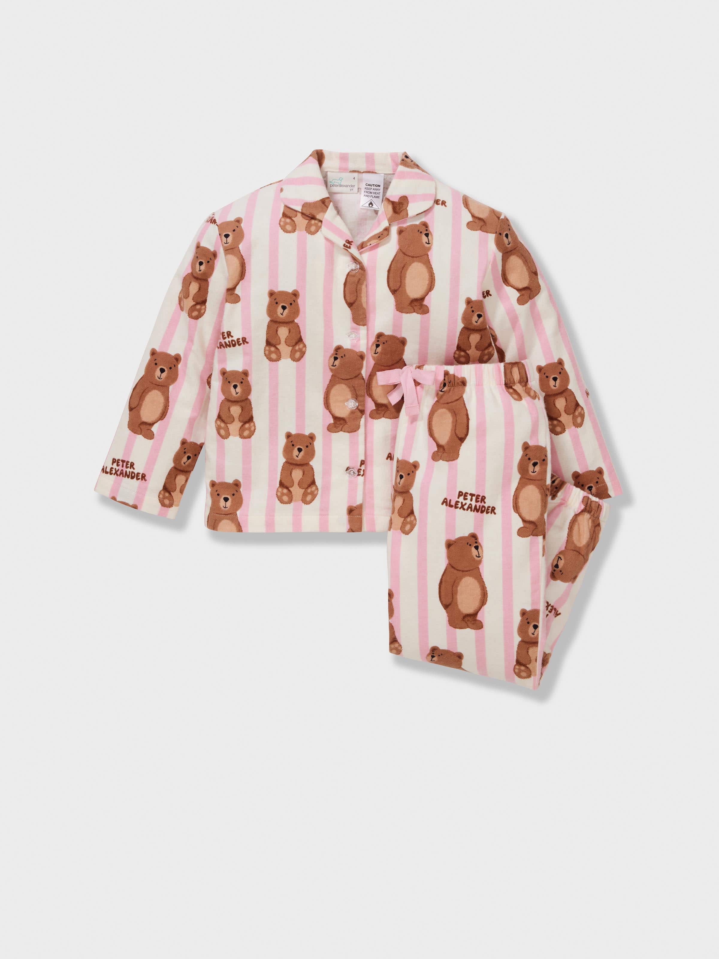 Jnr Girls Bear Stripe 100% Cotton Flan Long Classic Pj Set