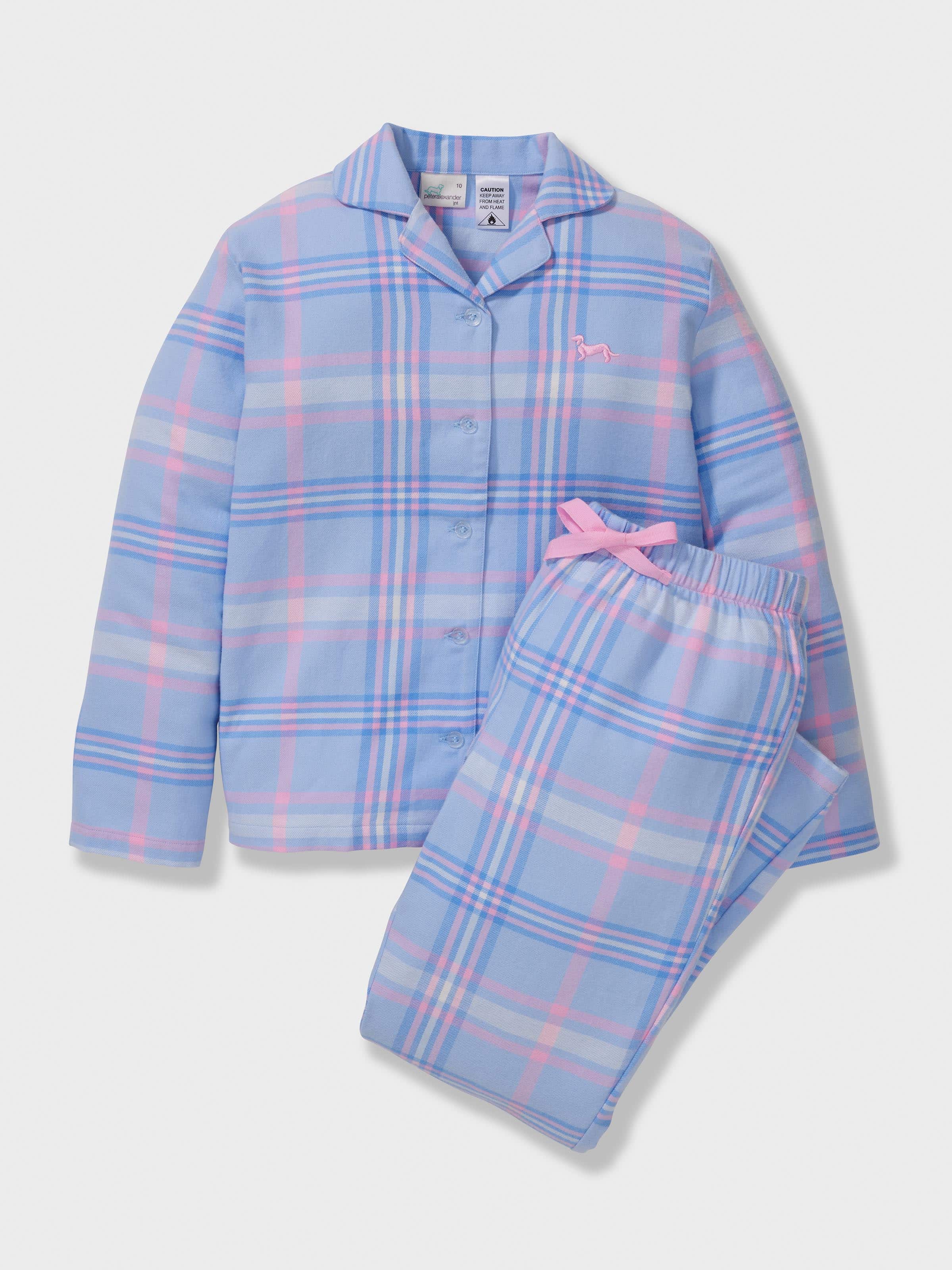 Girls Blue Check 100% Cotton Flan Long Classic Pj Set