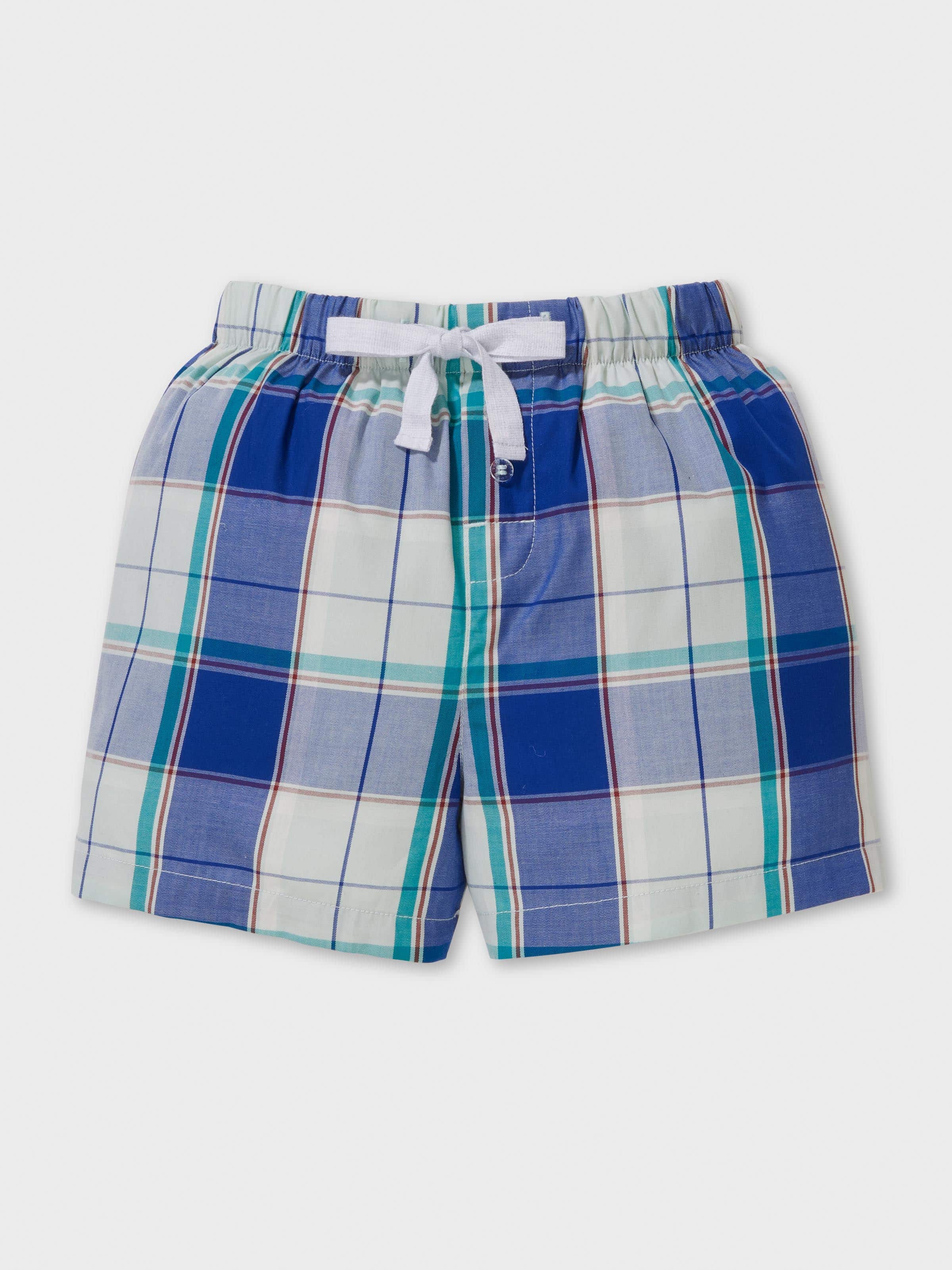Jnr Boys 100% Cotton Blue Check Short Pj Set