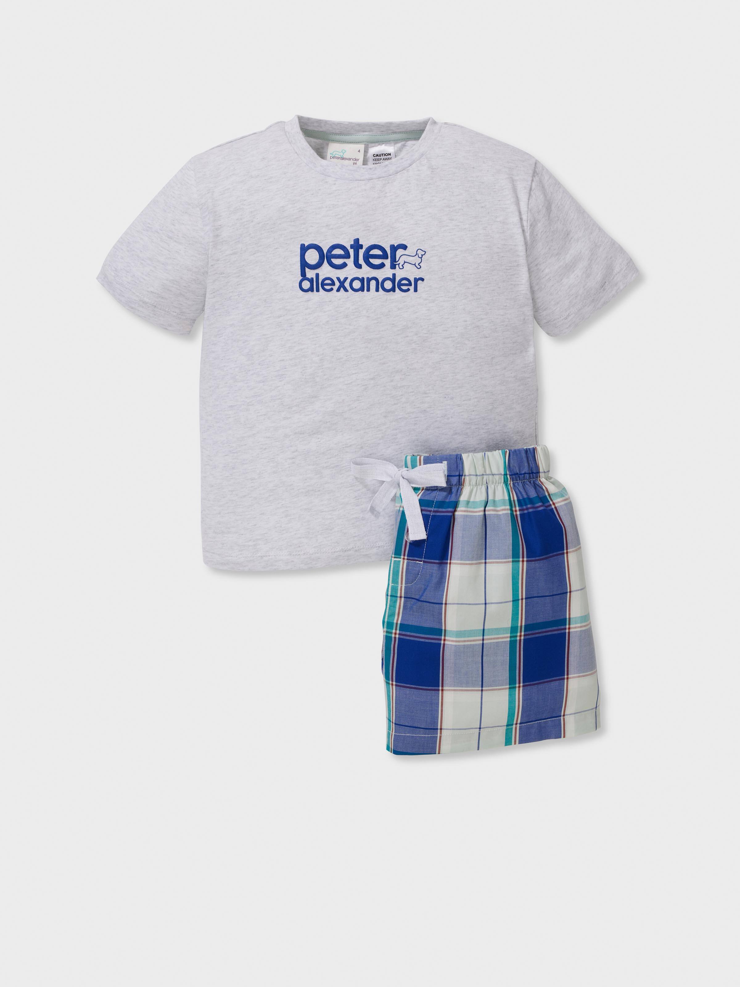 Jnr Boys 100% Cotton Blue Check Short Pj Set