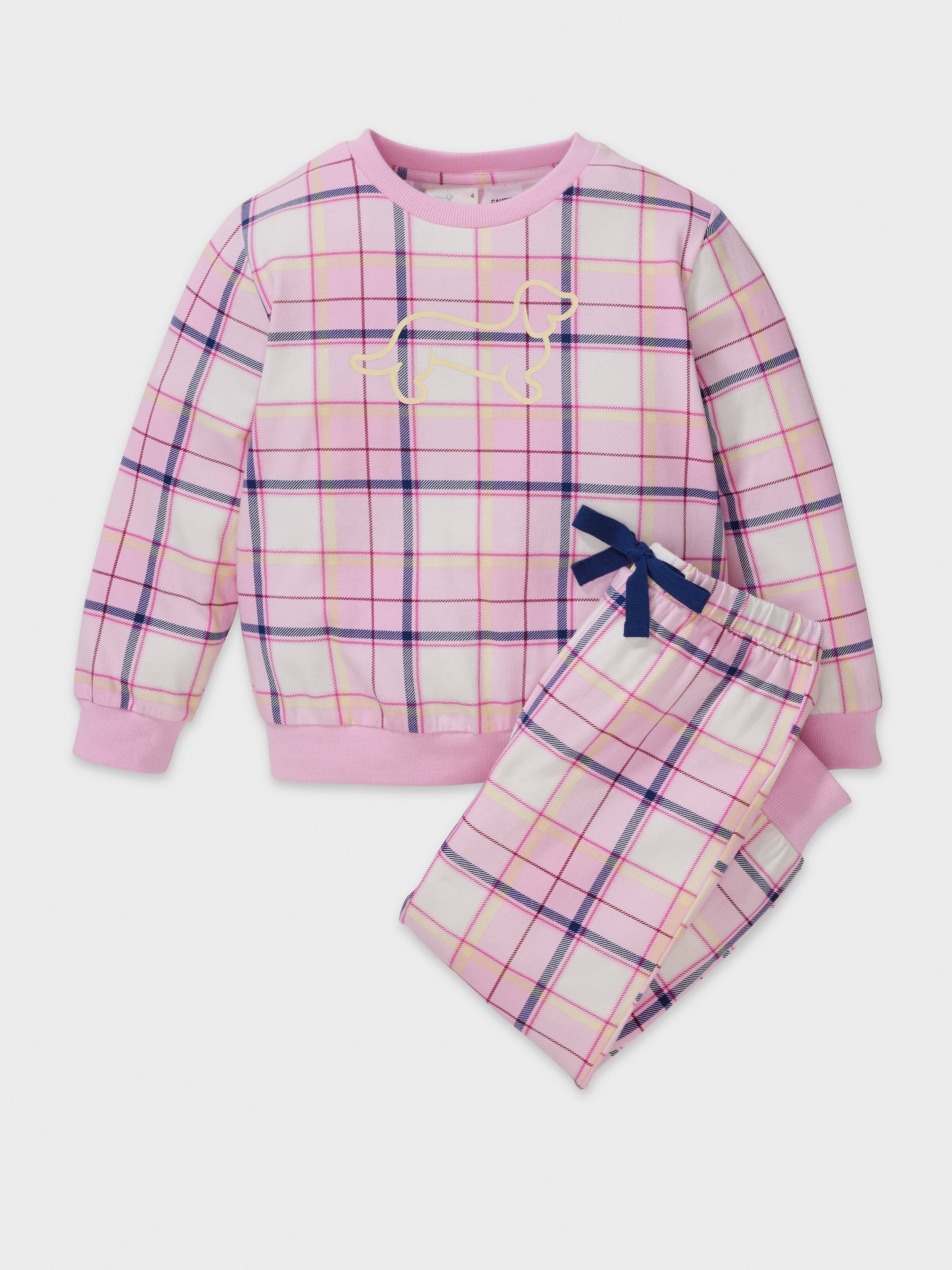 Girls Pink Check Long Pj Set