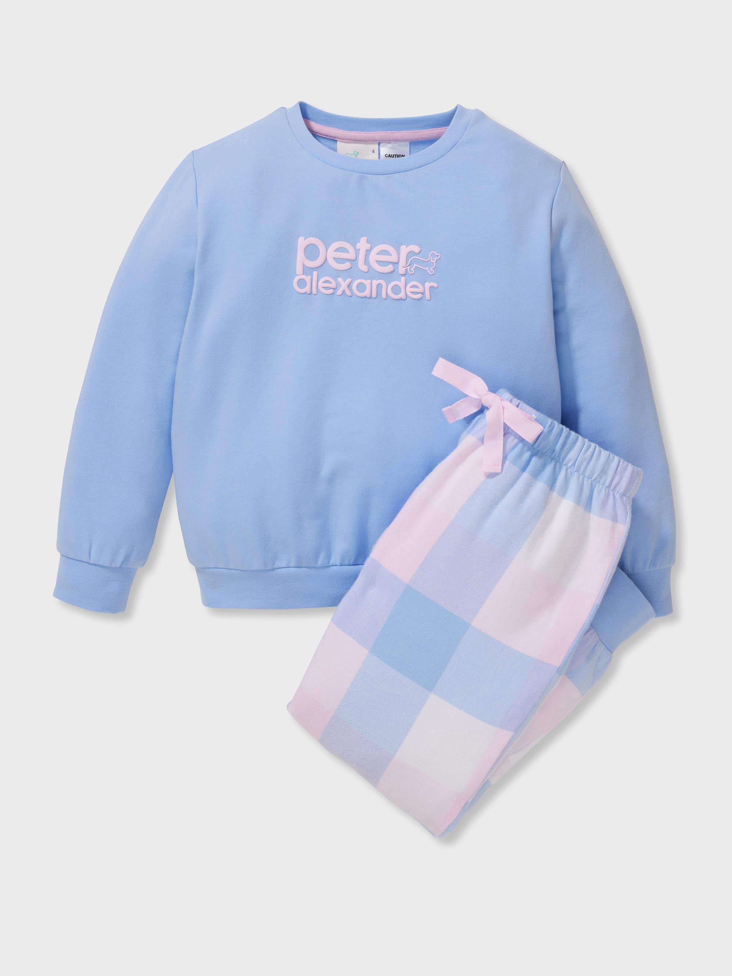 Girls Cornflower Check Long Pj Set