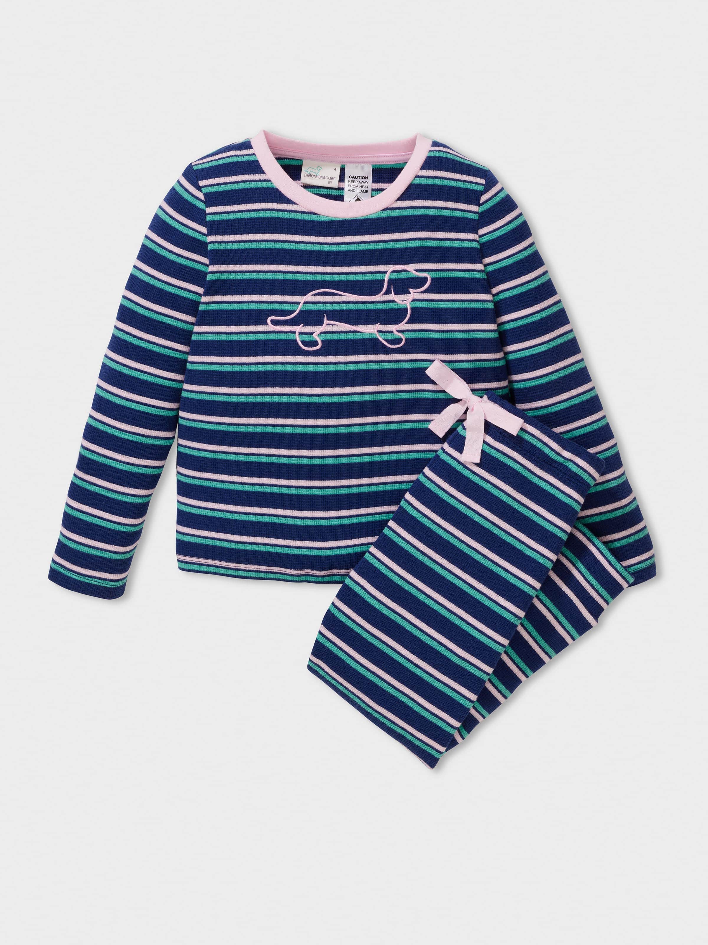 Girls Navy Waffle Stripe Long Pj Set
