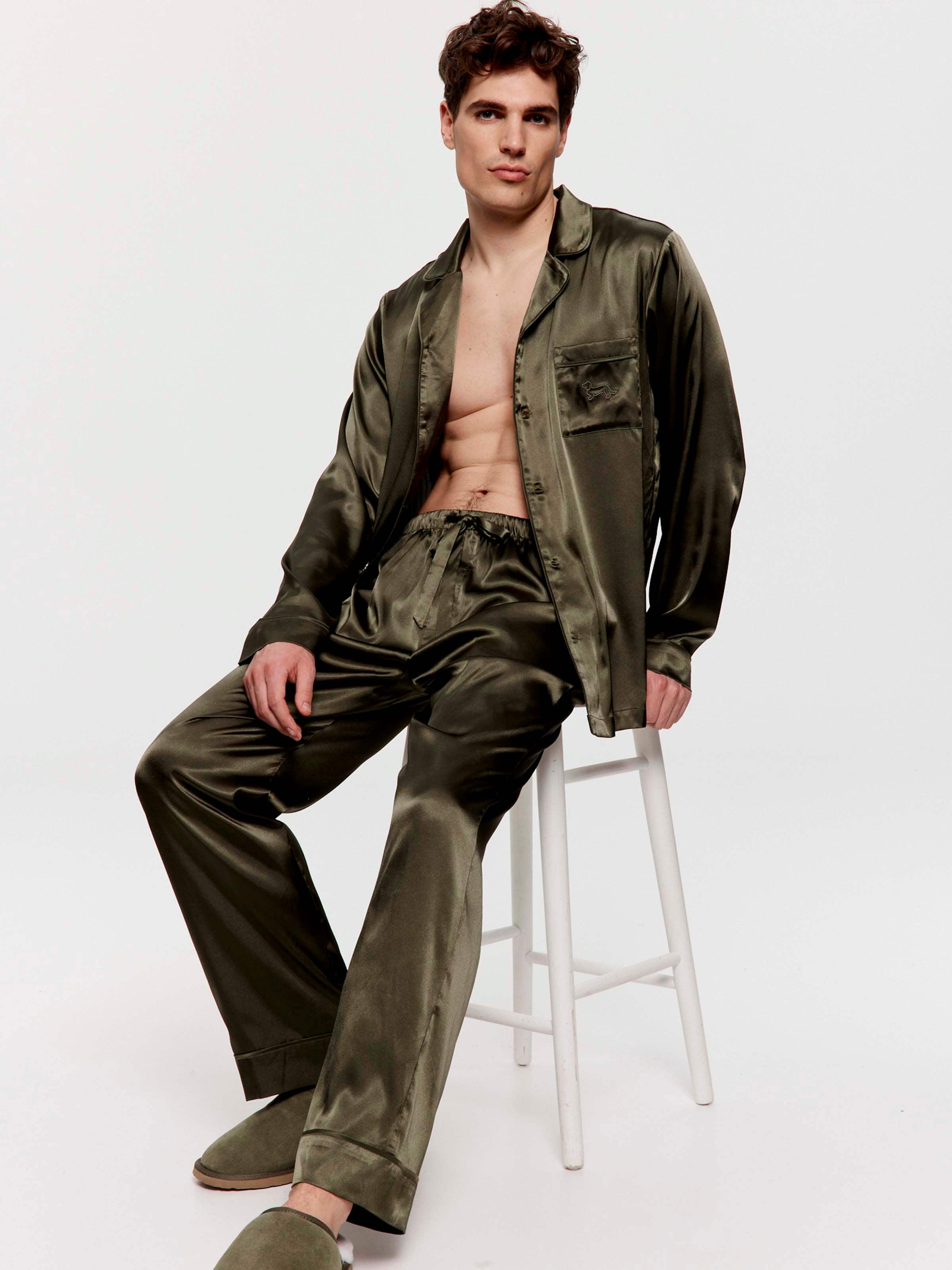 Khaki Satin Long Sleeve Pj Set