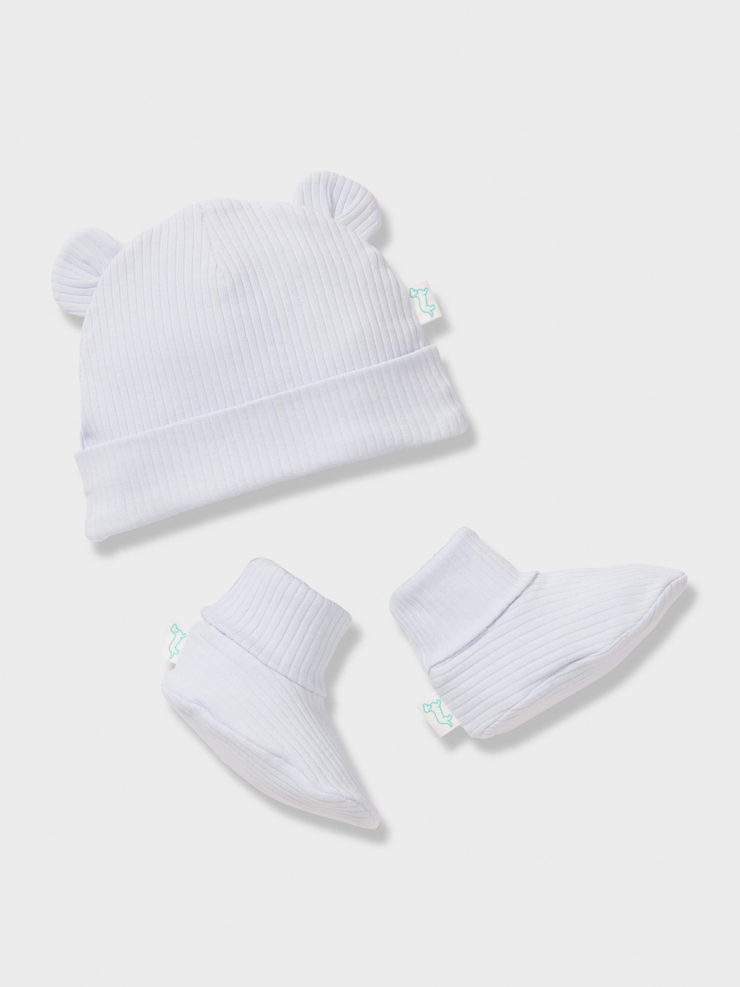 Baby Organics Blue Cotton Rib Beanie & Booties Set