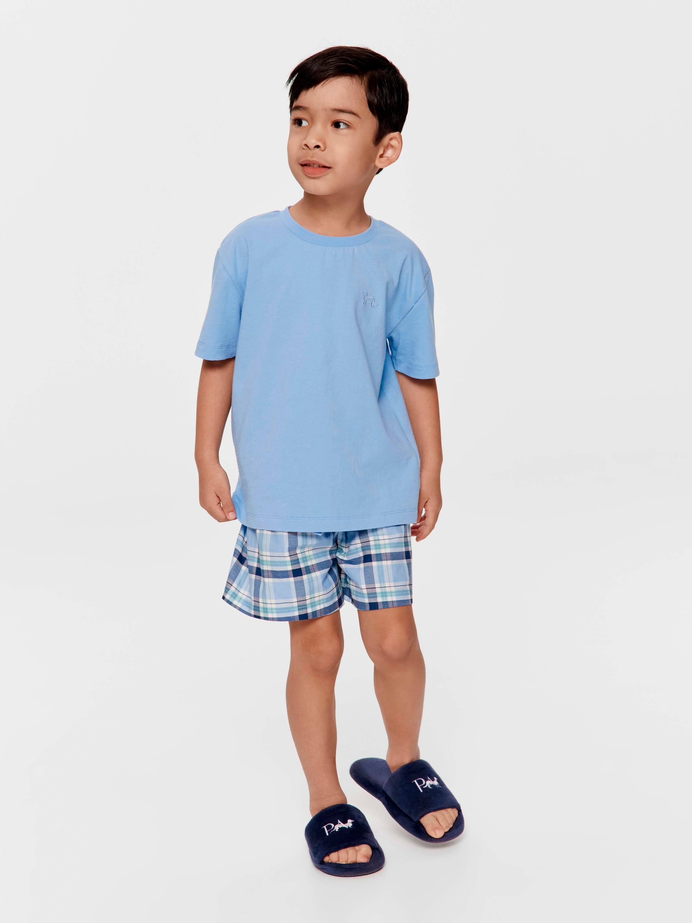 Jnr Boys 100% Cotton Green Check Short Pj Set