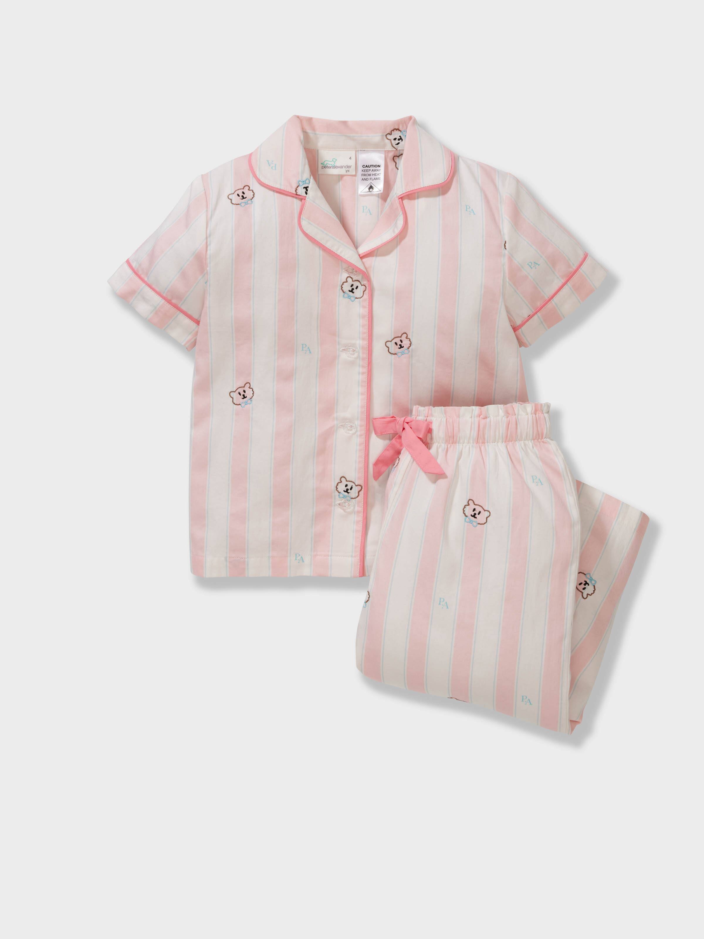 Jnr Girls 100% Cotton Bear Stripes Classic Pj Set