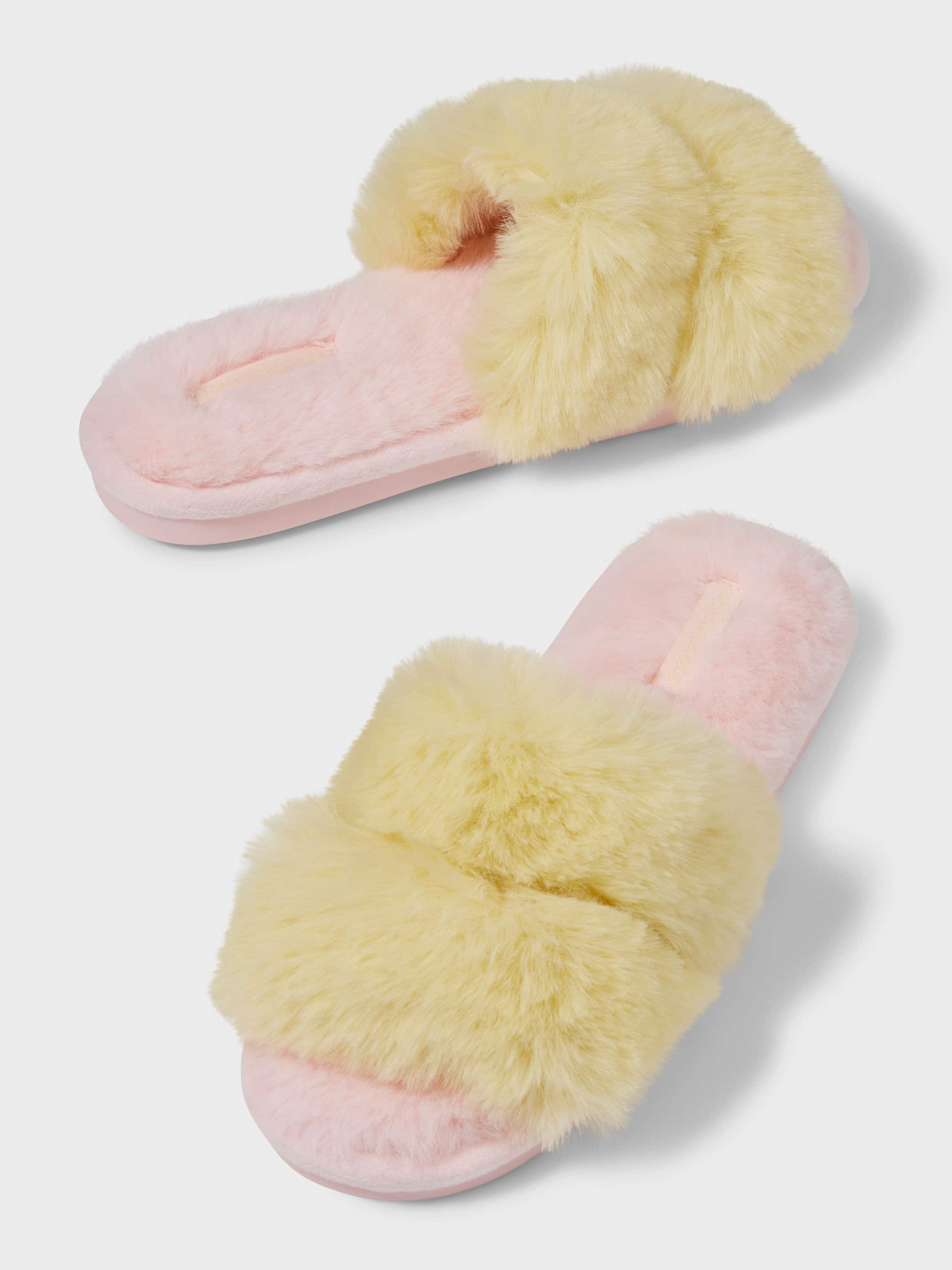 Pink & Yellow Fur Twin Strap Slide