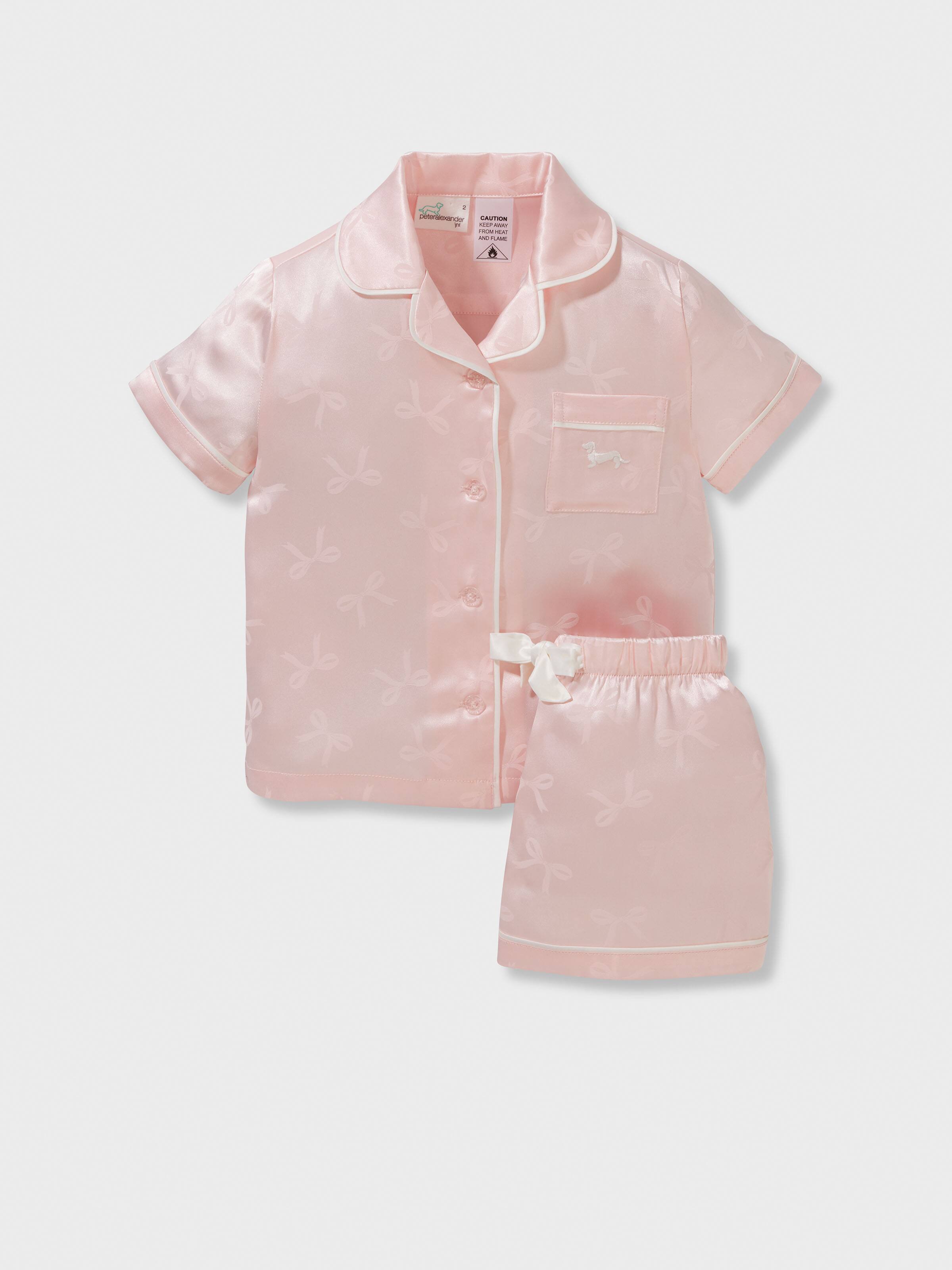 Jnr Girls Pink Bows Satin Shortie Pj Set