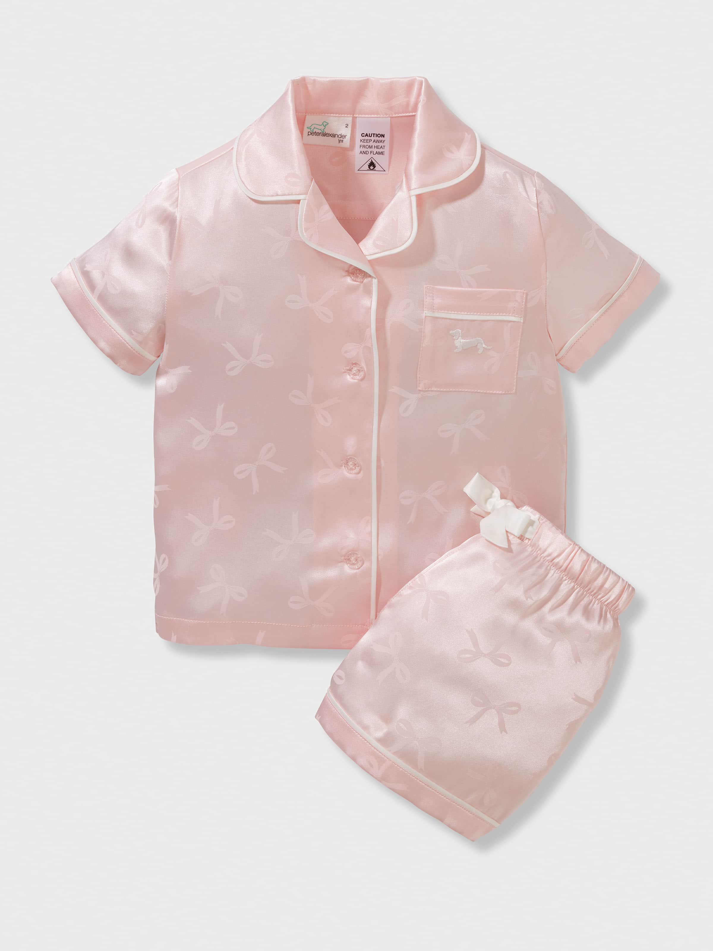 Girls Pink Bows Satin Shortie Pj Set