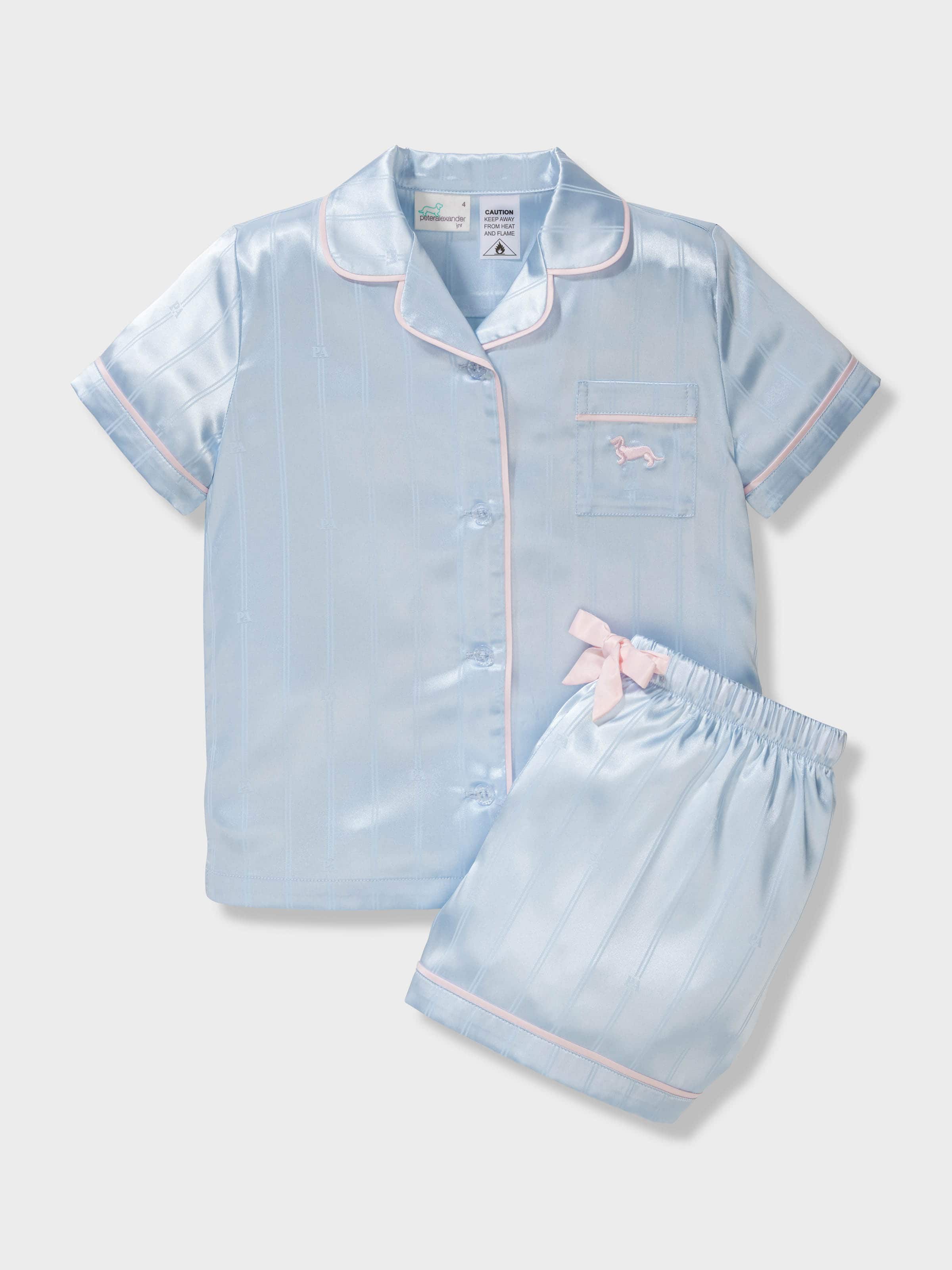 Girls Ice Blue Satin Classic Shortie Pj Set