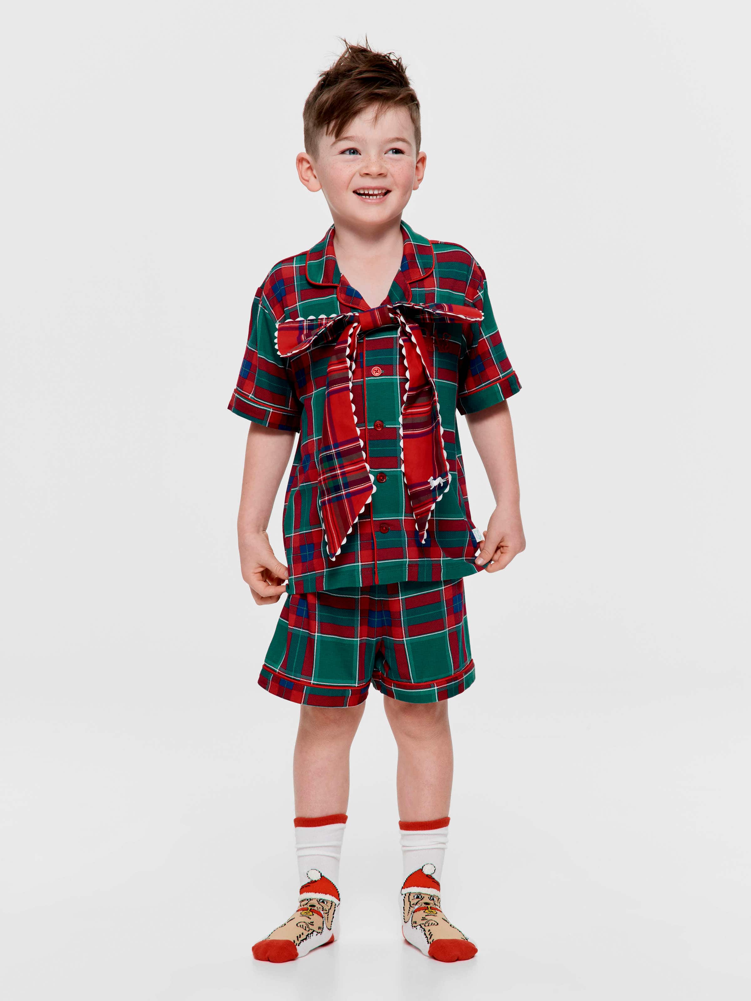 Jnr Kids Green Tartan Bamboo Jersey Shortie Pj Set