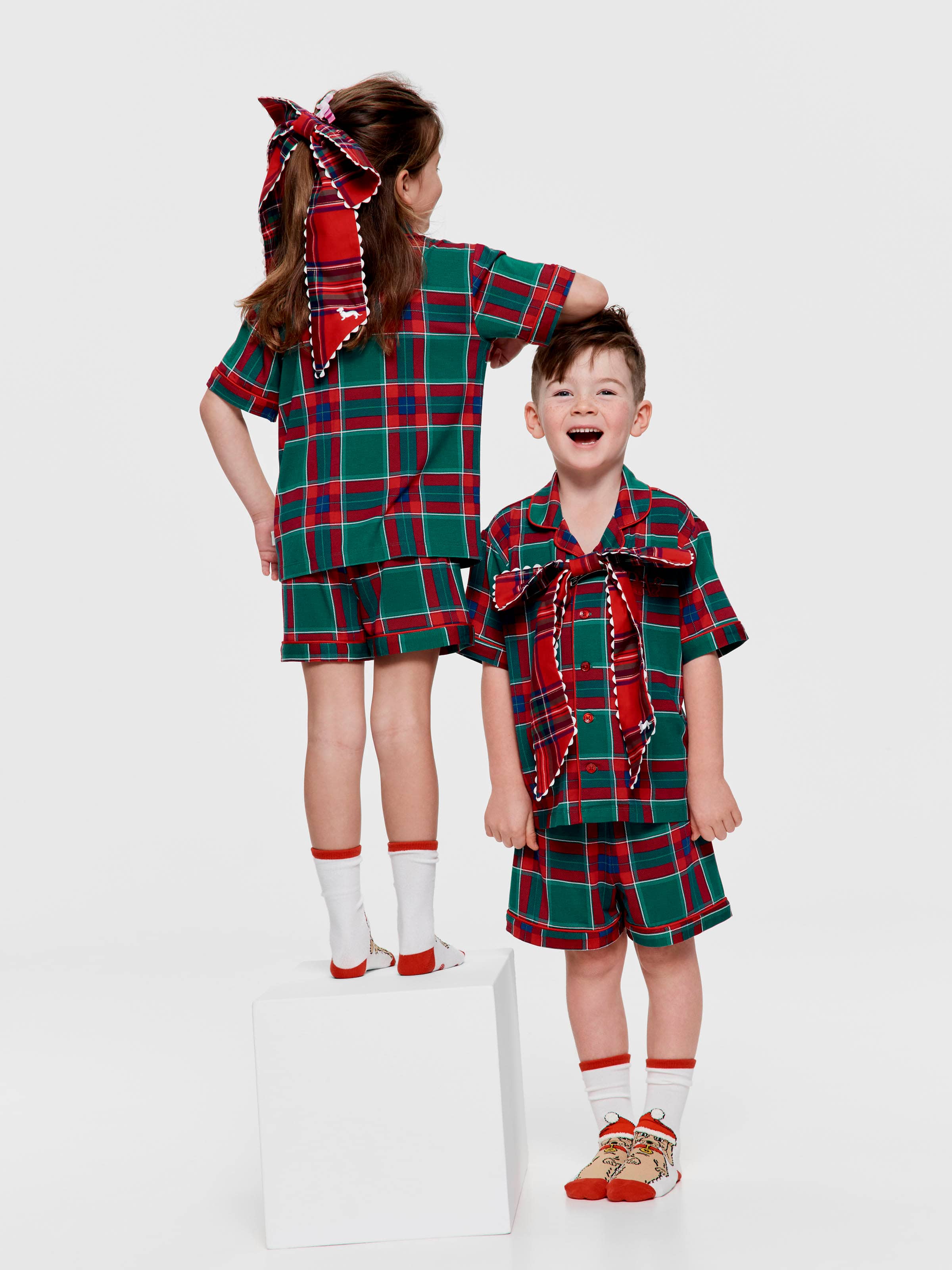Jnr Kids Green Tartan Bamboo Jersey Shortie Pj Set