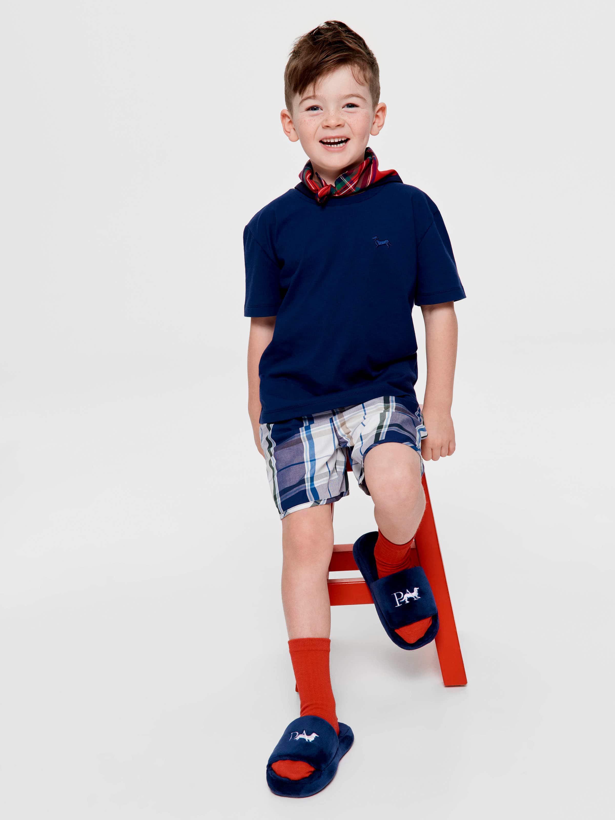 Jnr Boys Navy Blue Check 100% Cotton Short Pj Set