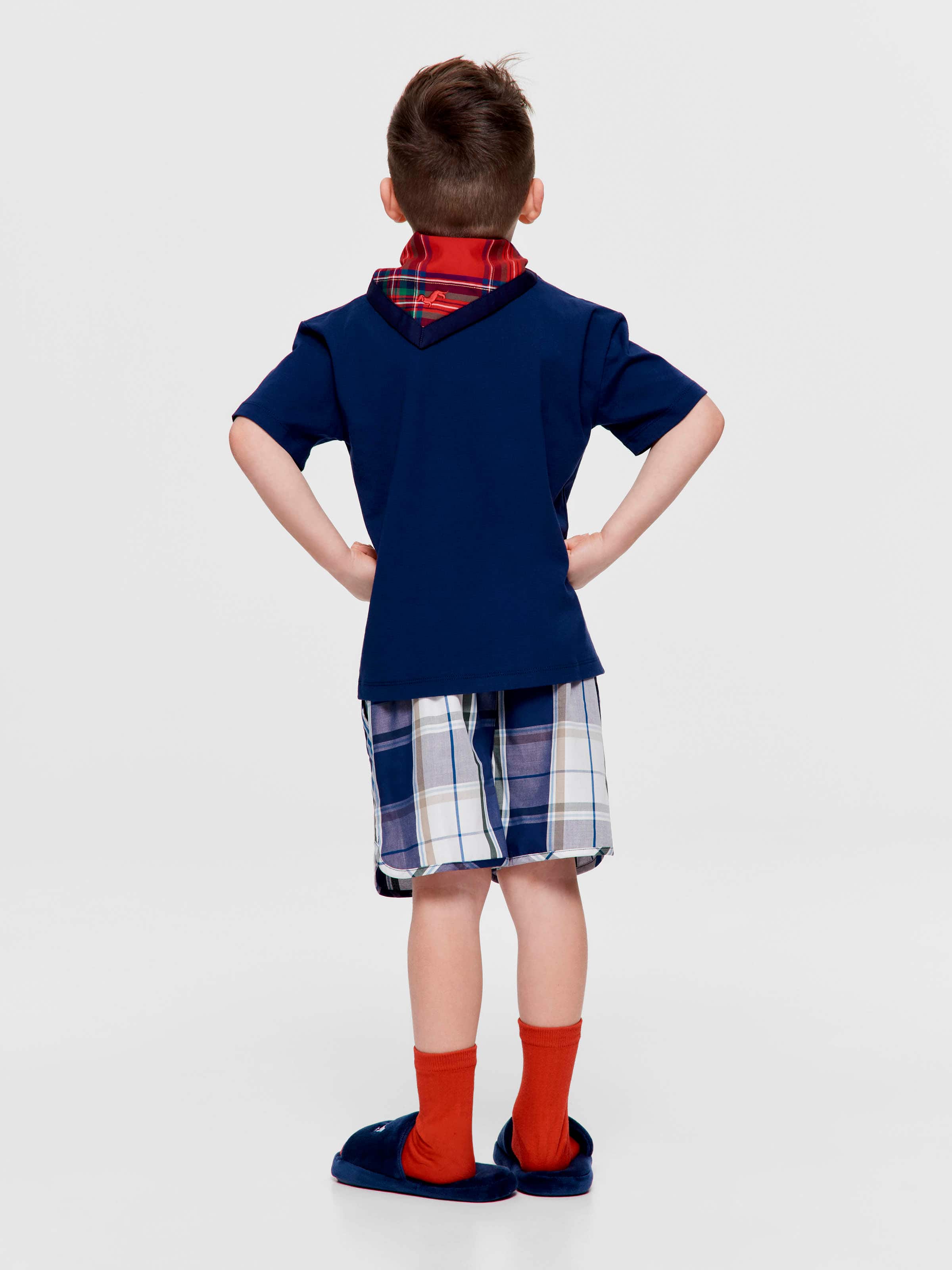 Jnr Boys Navy Blue Check 100% Cotton Short Pj Set