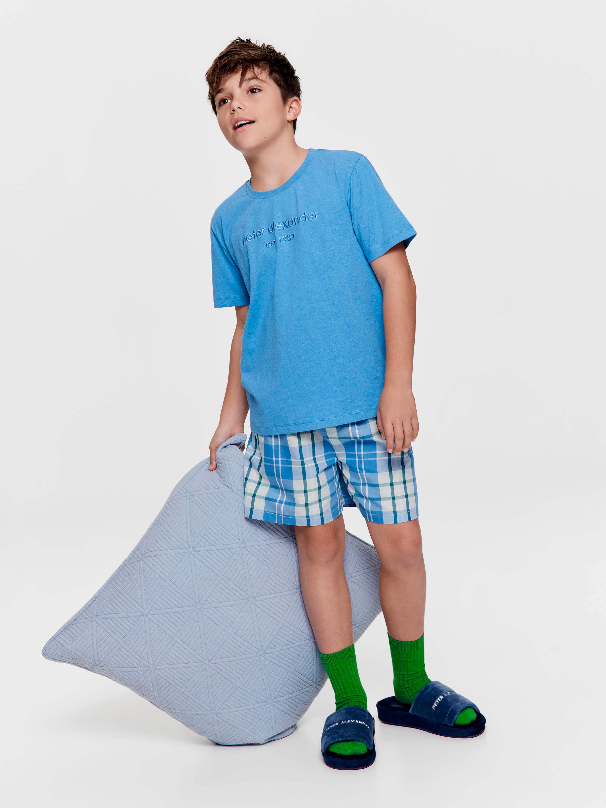 Boys Blue Check 100% Cotton Short Pj Set