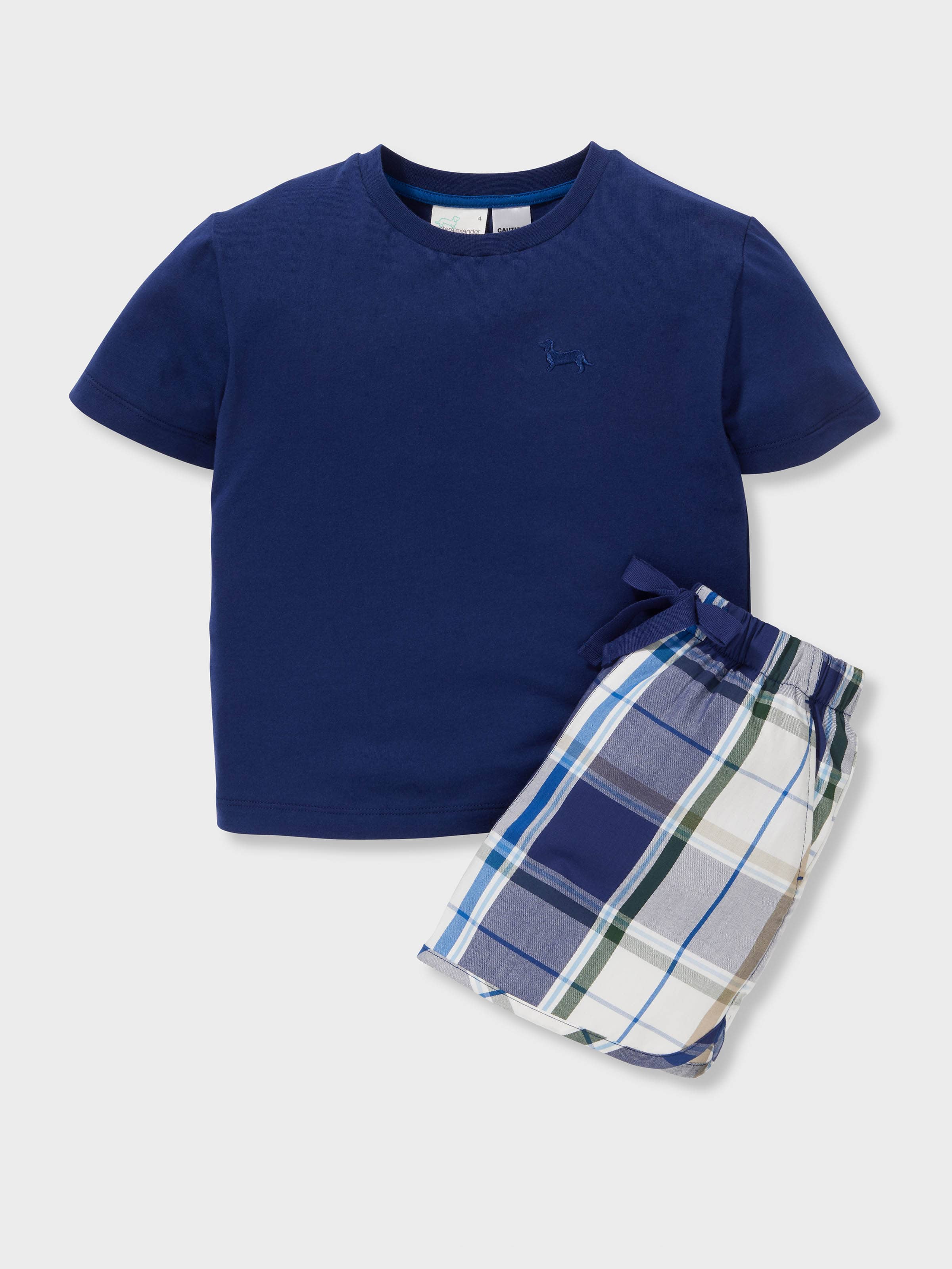 Boys Navy Blue Check 100% Cotton Short Pj Set