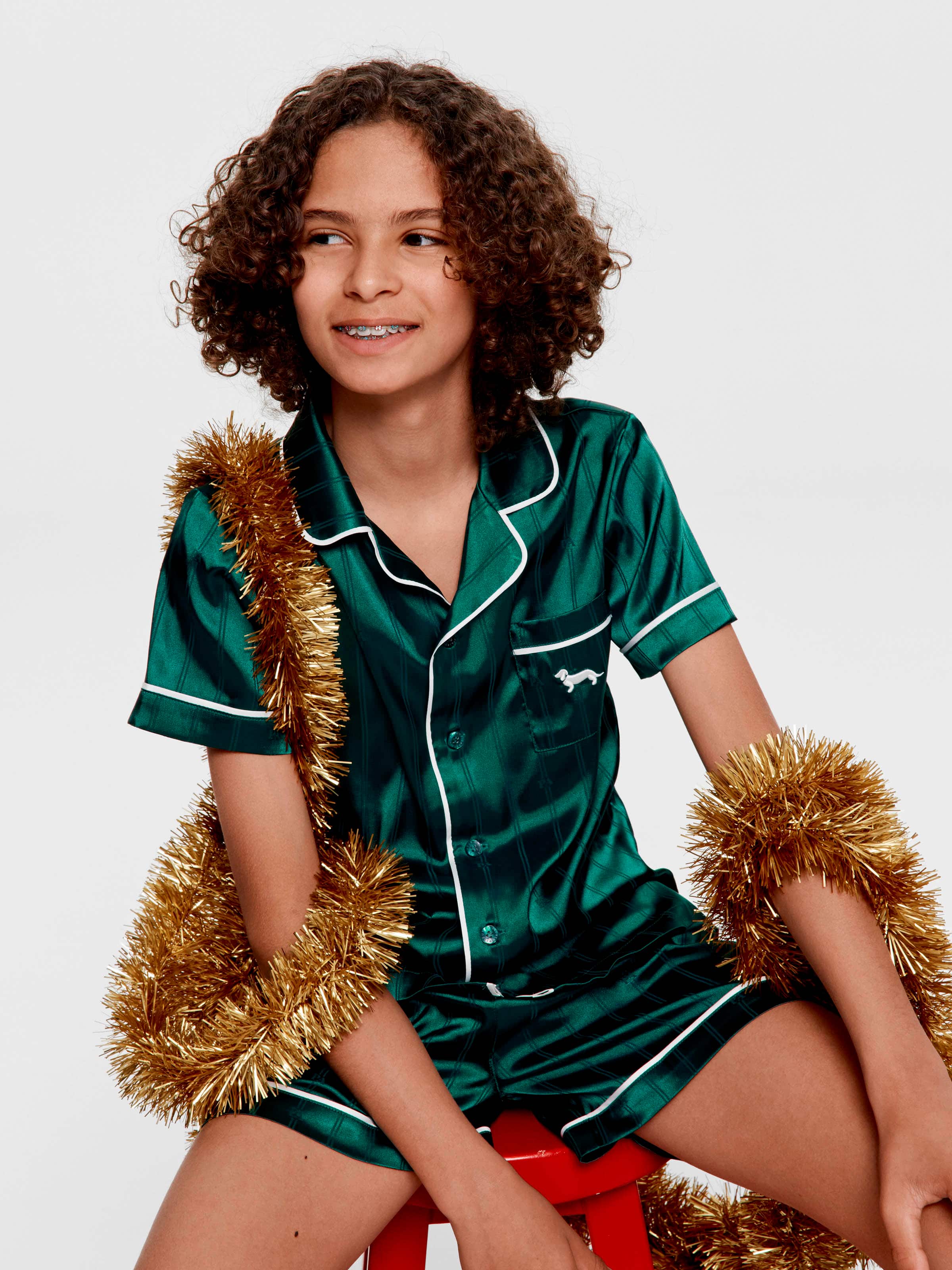 Kids Green Stripe Chic Satin Boxed Shortie Pj Set