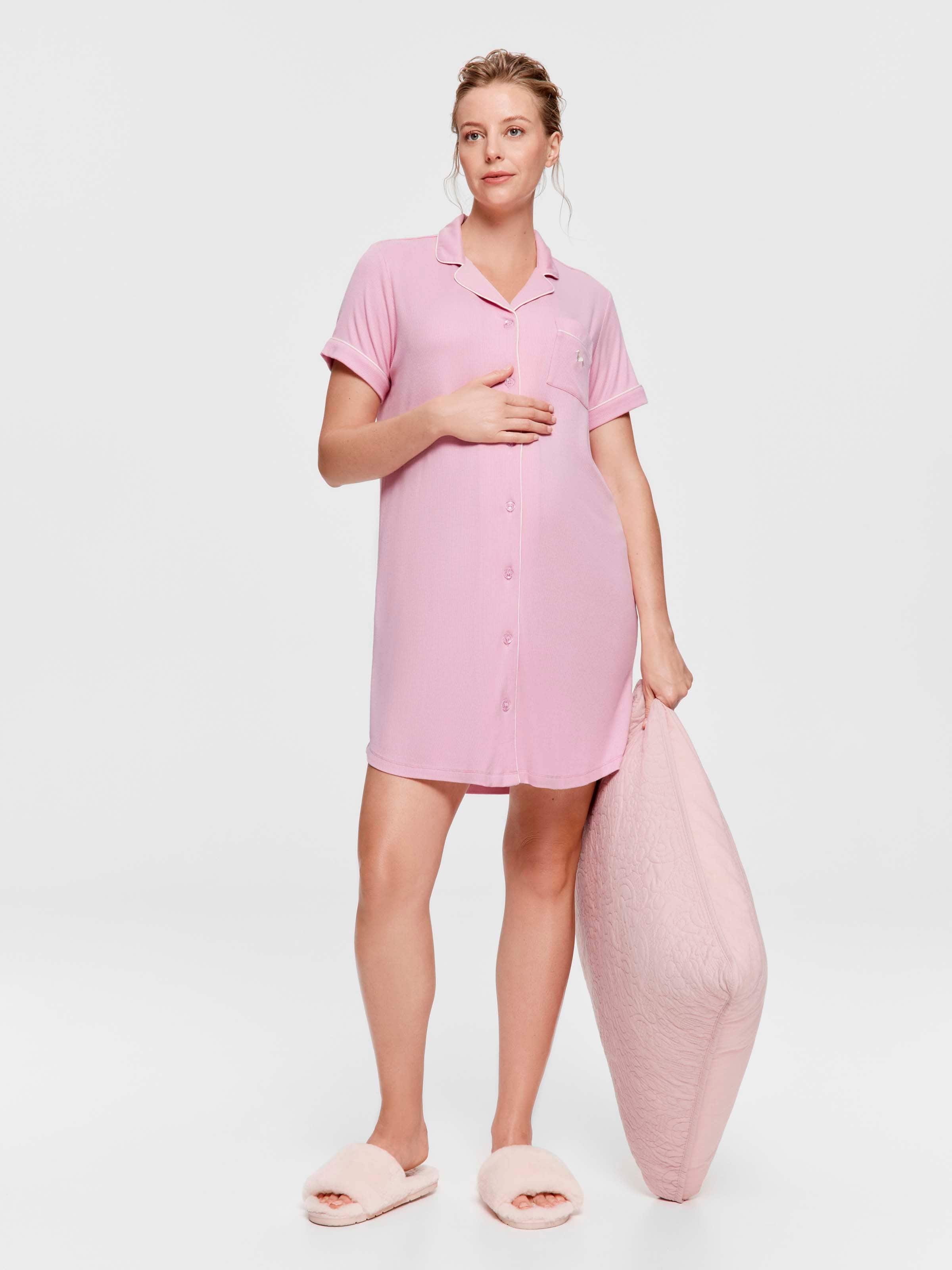 Maternity Pink Rib Short Sleeve Nightshirt