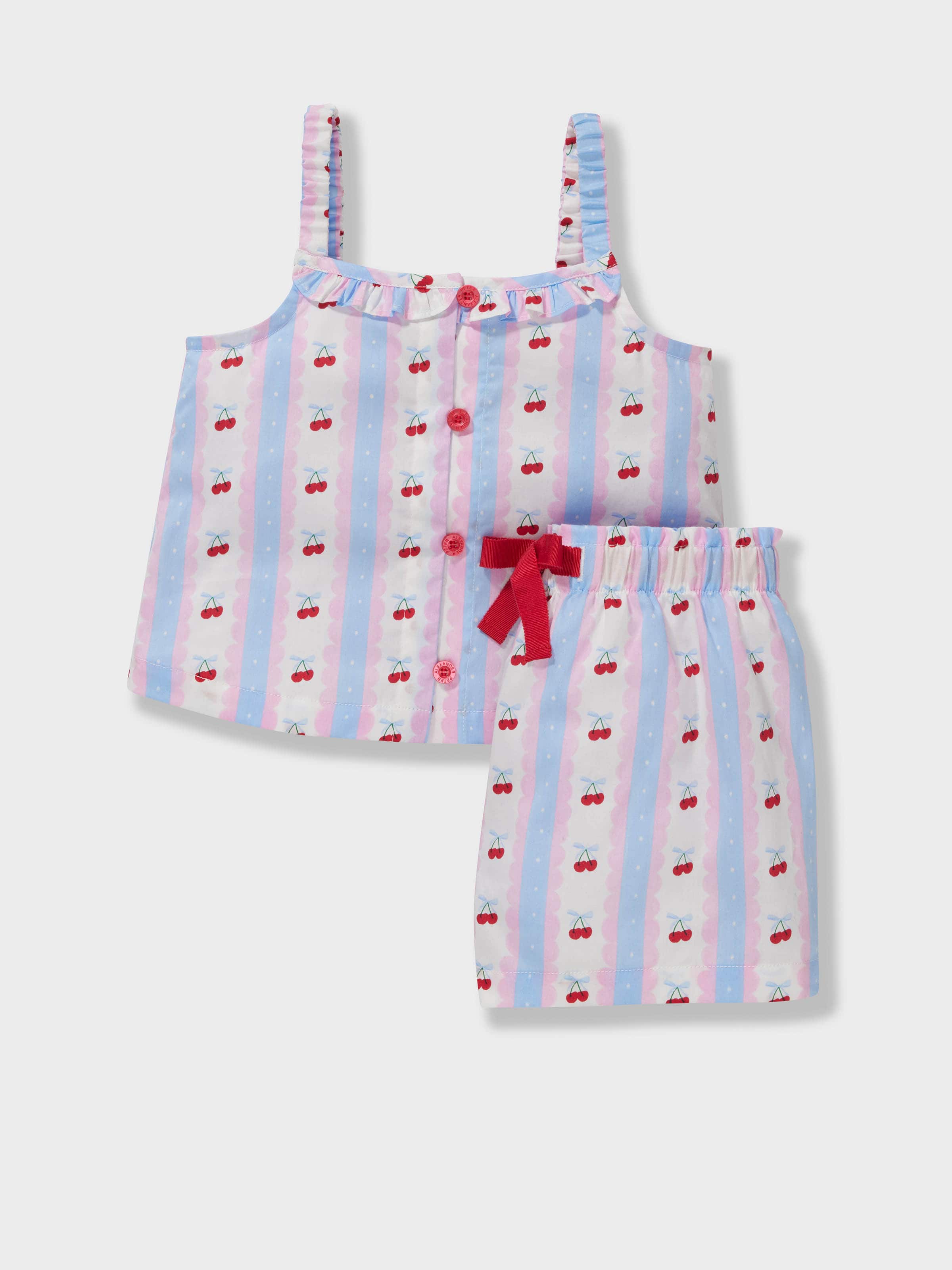 Jnr Girls Cherry Stripe 100% Cotton Short Pj Set