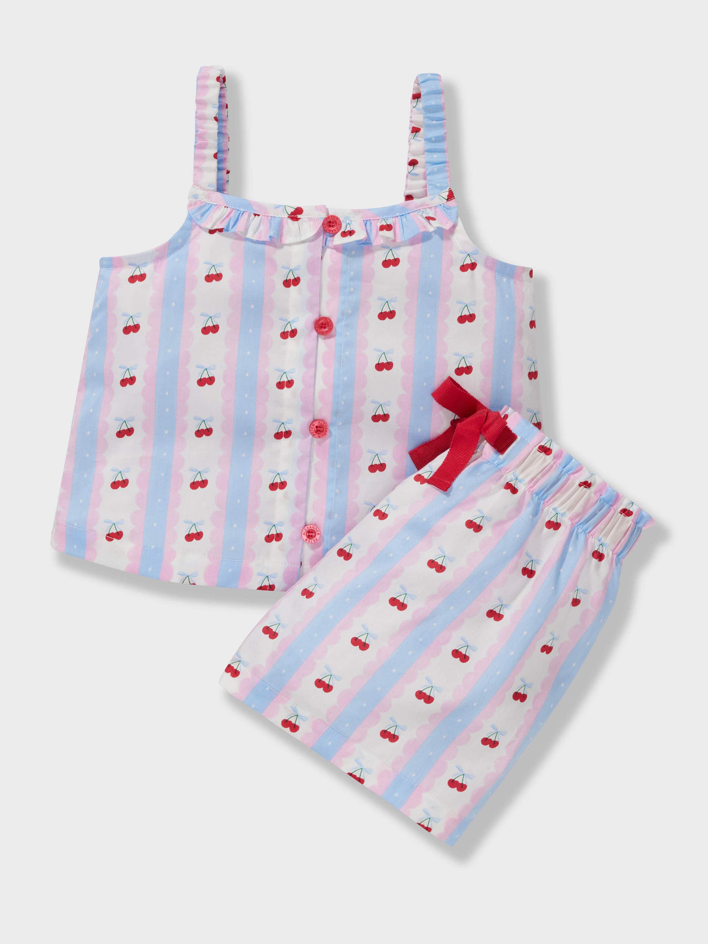 Girls Cherry Stripe 100% Cotton Short Pj Set