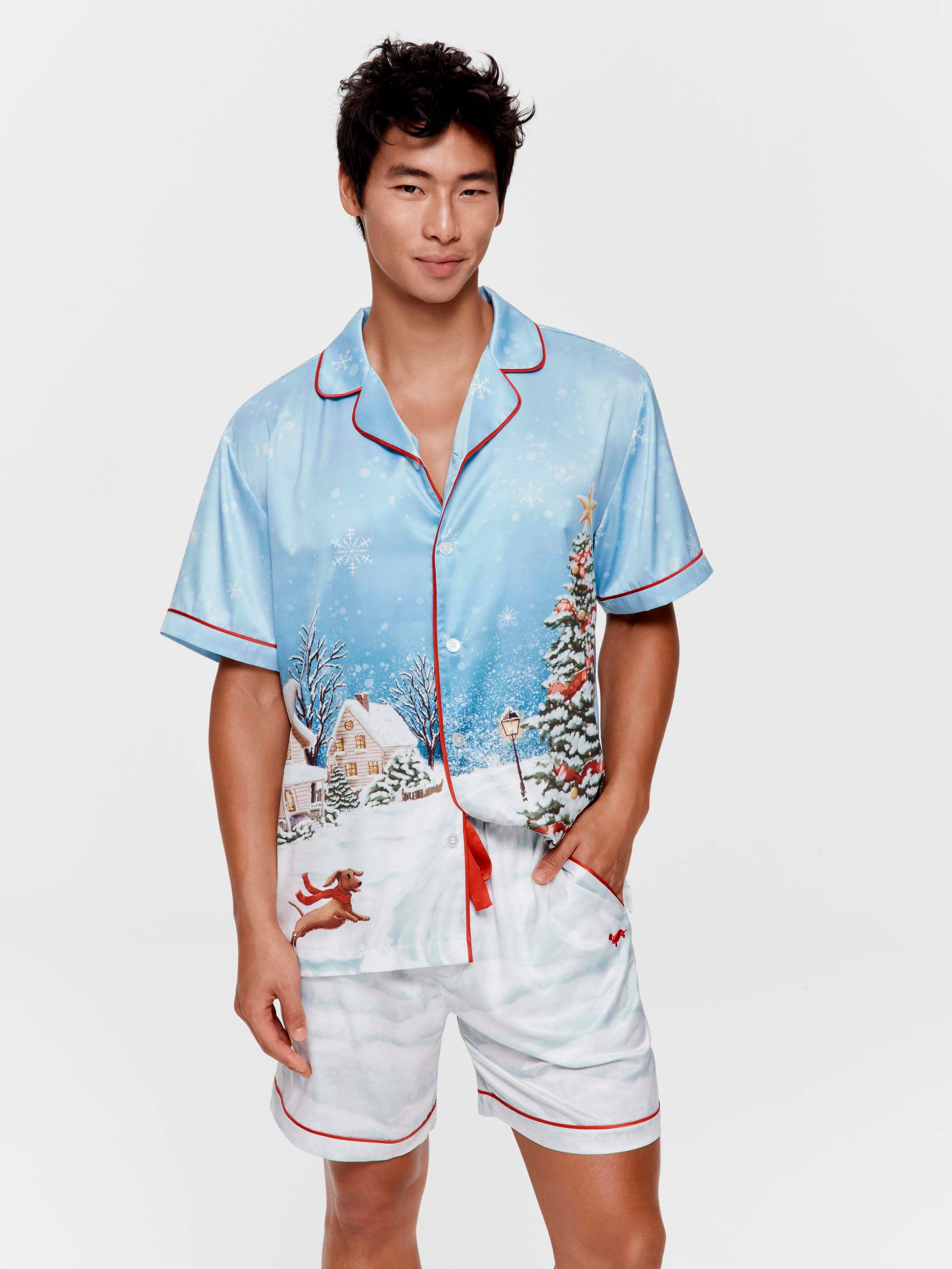 Christmas Scene Satin Boxed Short Sleeve Pj Set