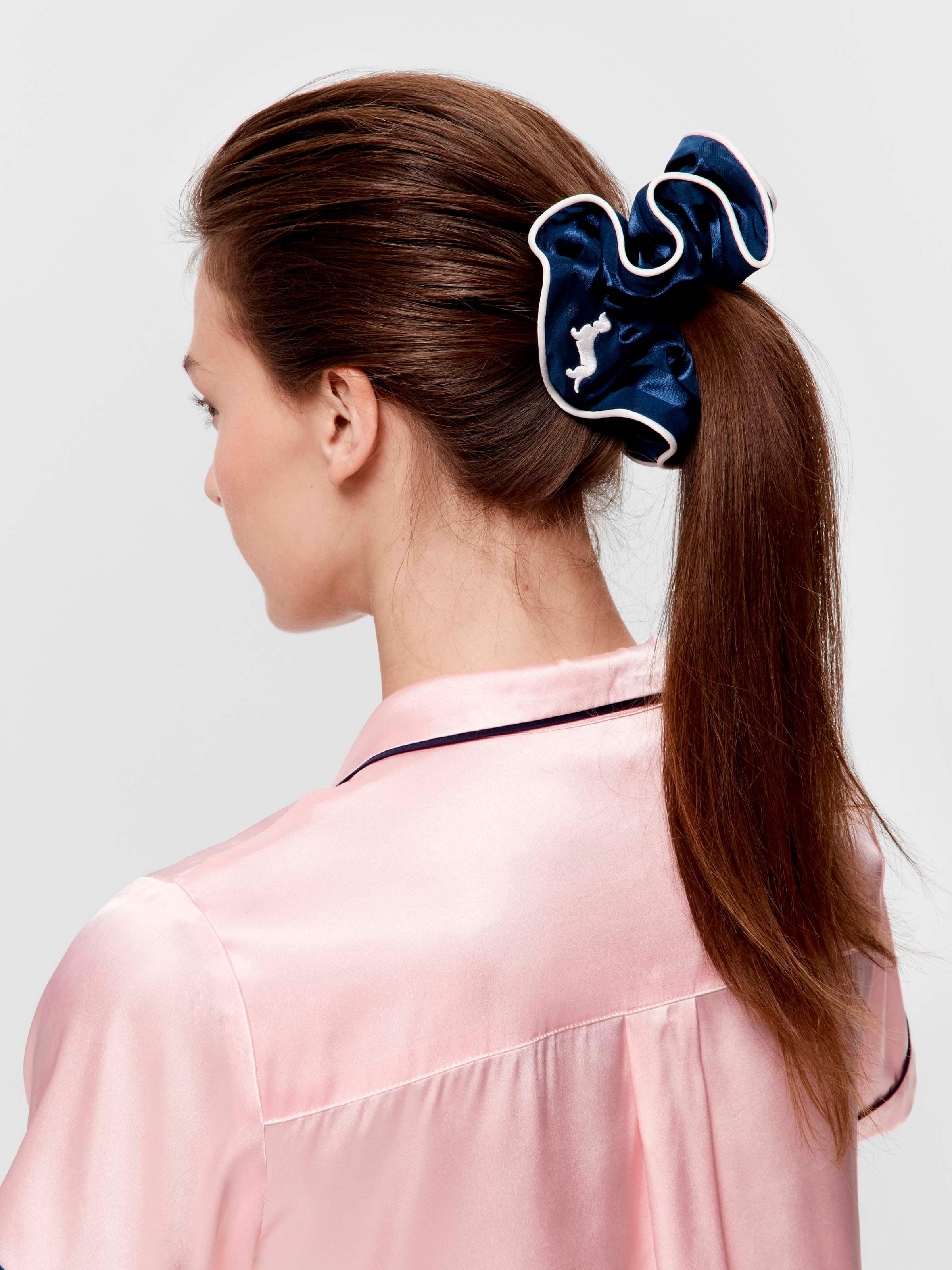 Large Navy Satin Scrunchie