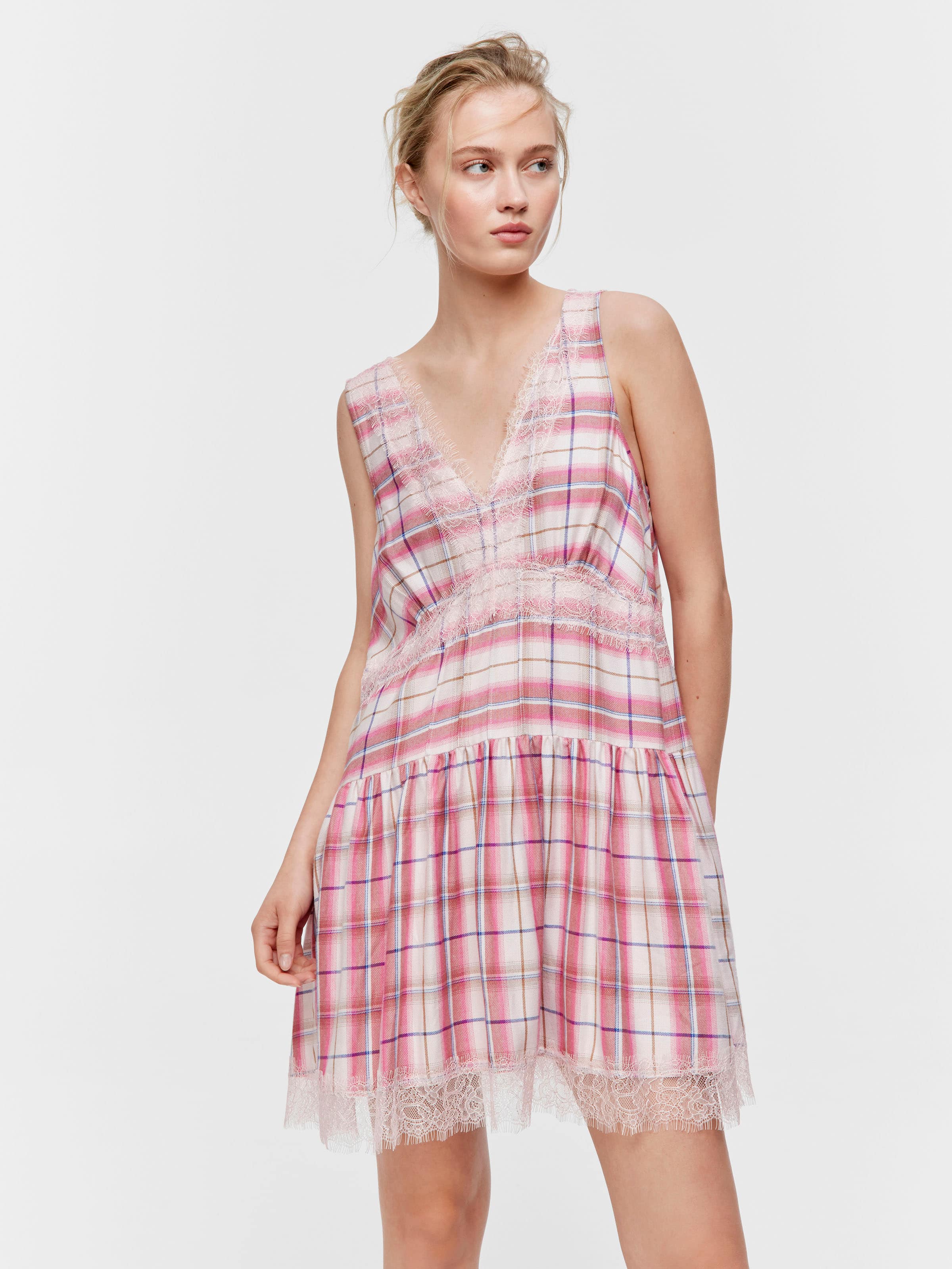 Check Lace Trim Viscose Flannelette Fashion Nightie