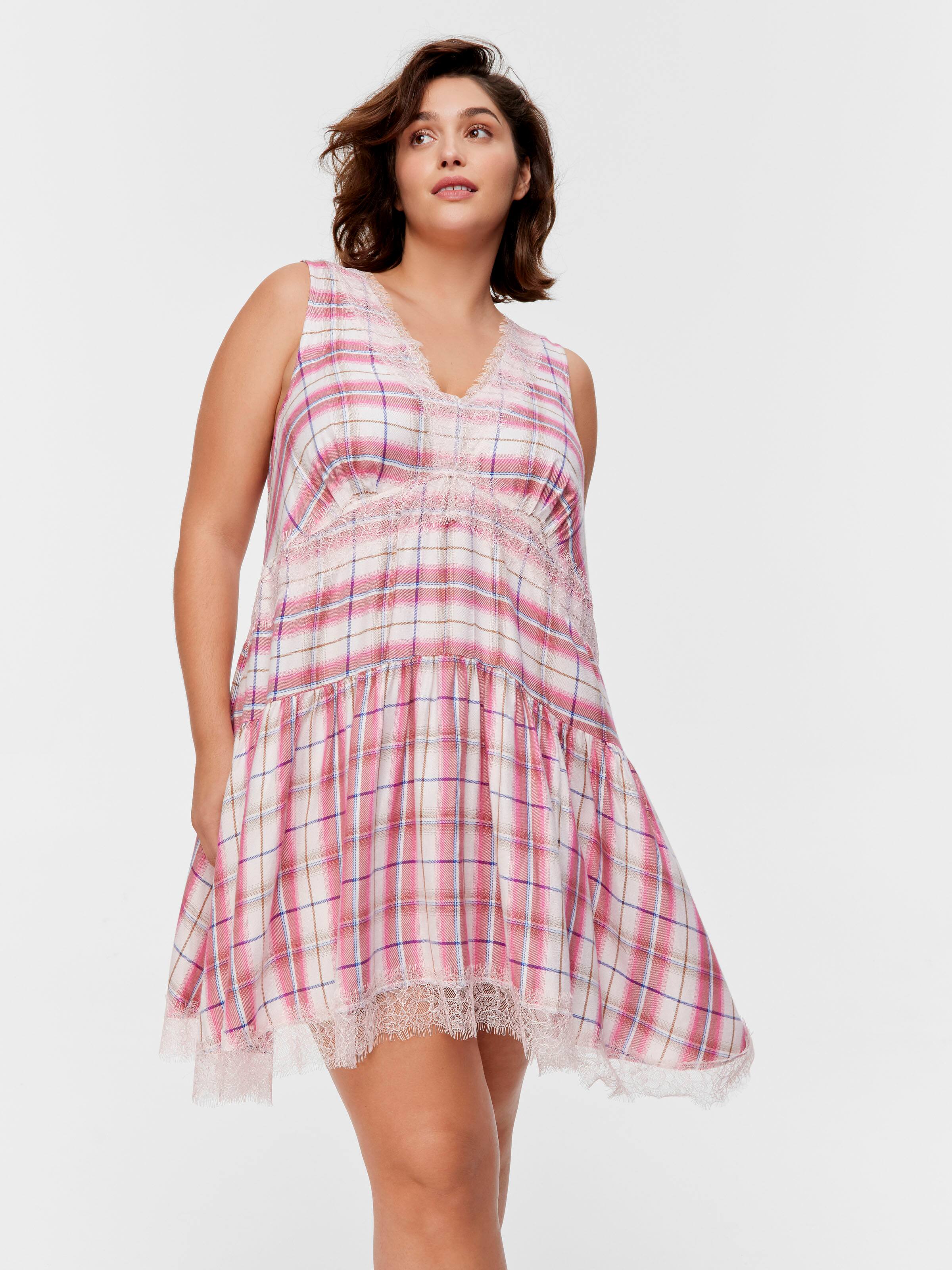 P.A. Plus Check Lace Trim Viscose Flannelette Fashion Nightie