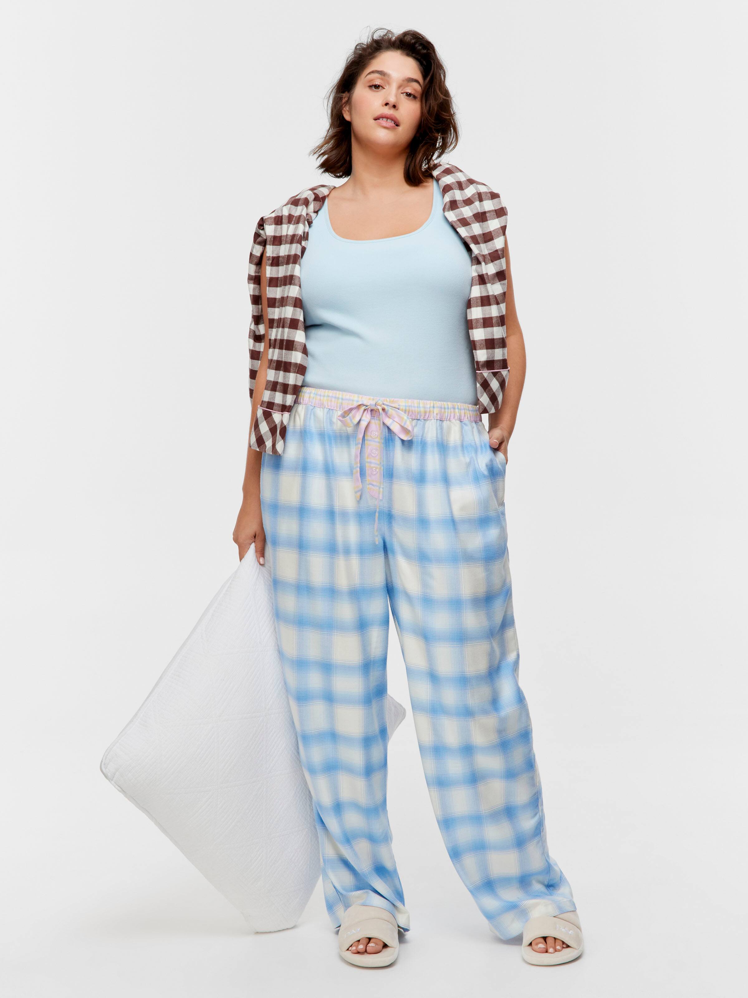 P.A. Plus Soft Blue Contrast Check Viscose Flannelette Classic Pj Pant