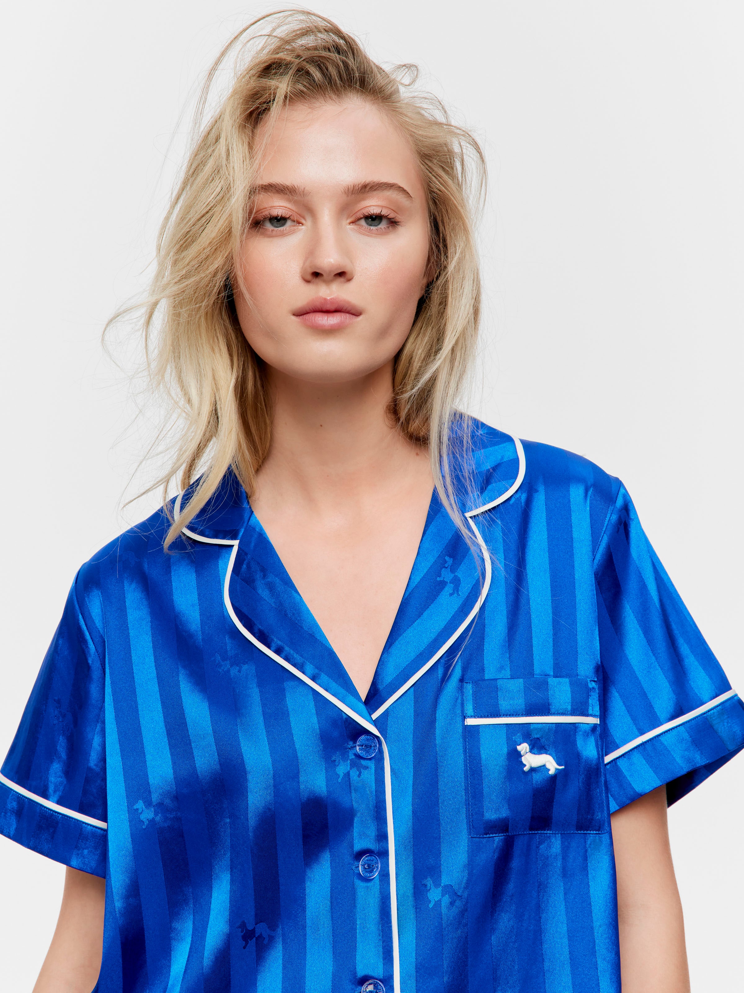 Cobalt Penny Stripe Satin Short Sleeve Shirt