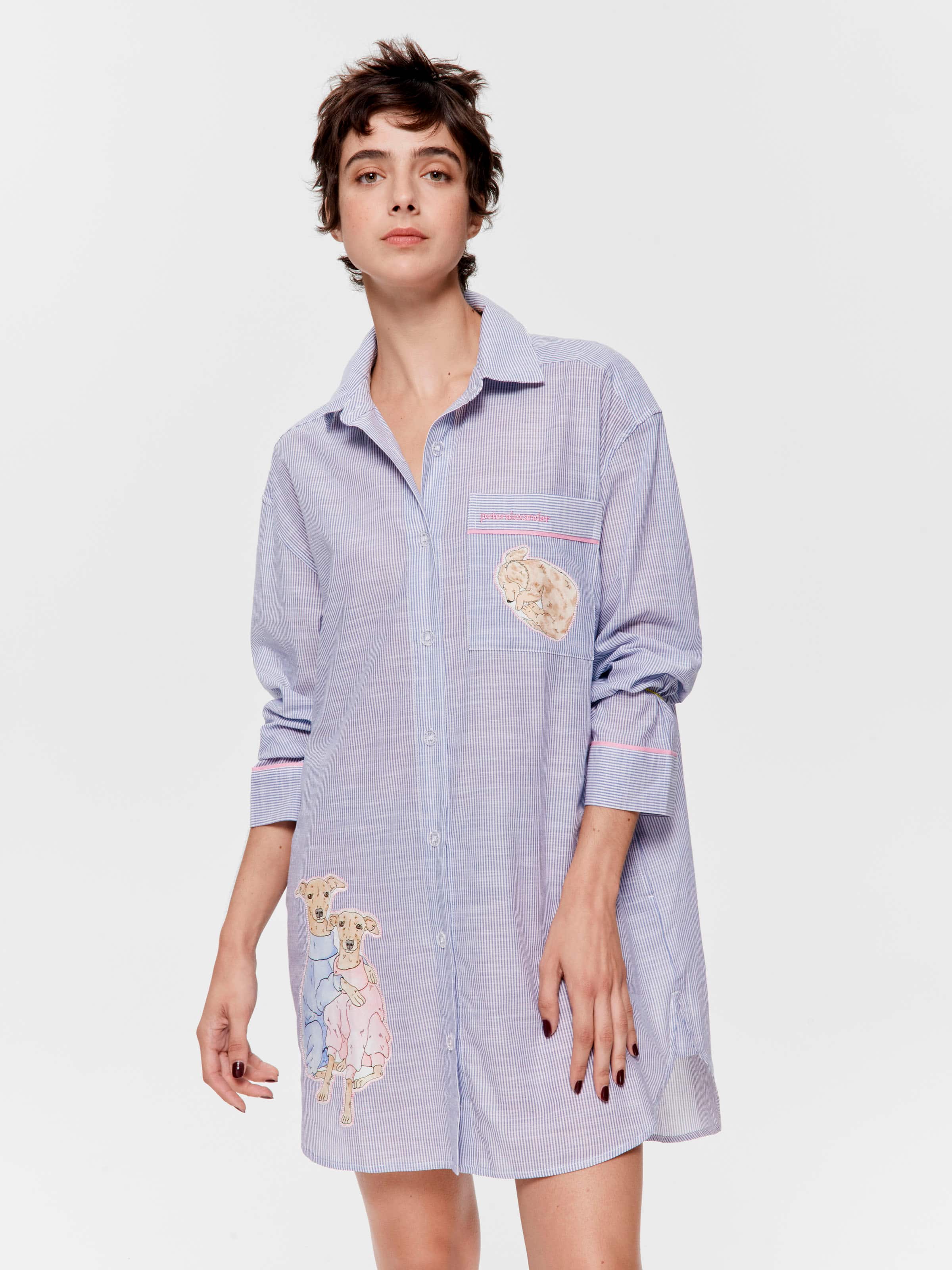 Doggo Striped 100% Cotton Long Sleeve Nightshirt