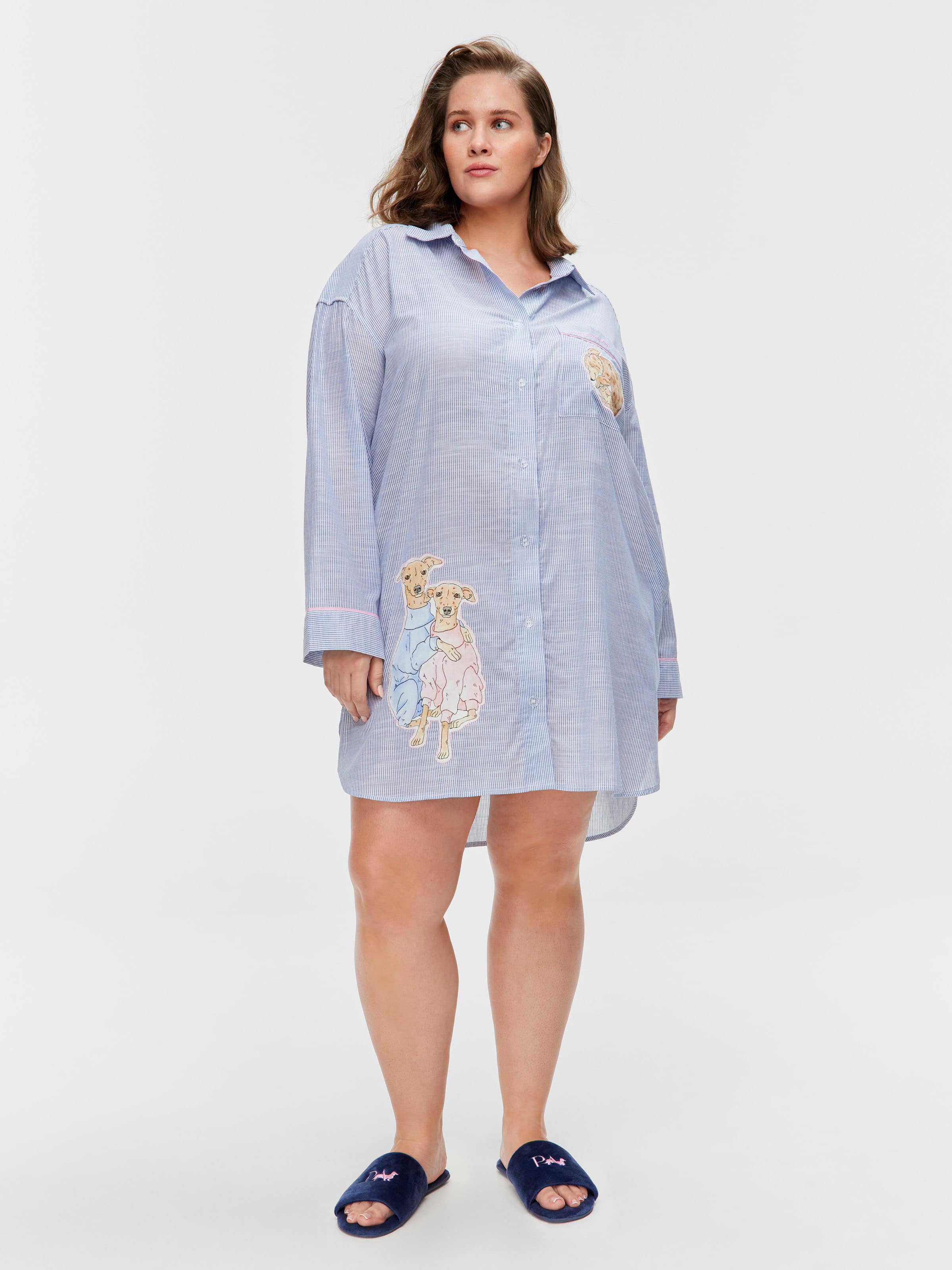 P.A. Plus Doggo Striped 100% Cotton Long Sleeve Nightshirt